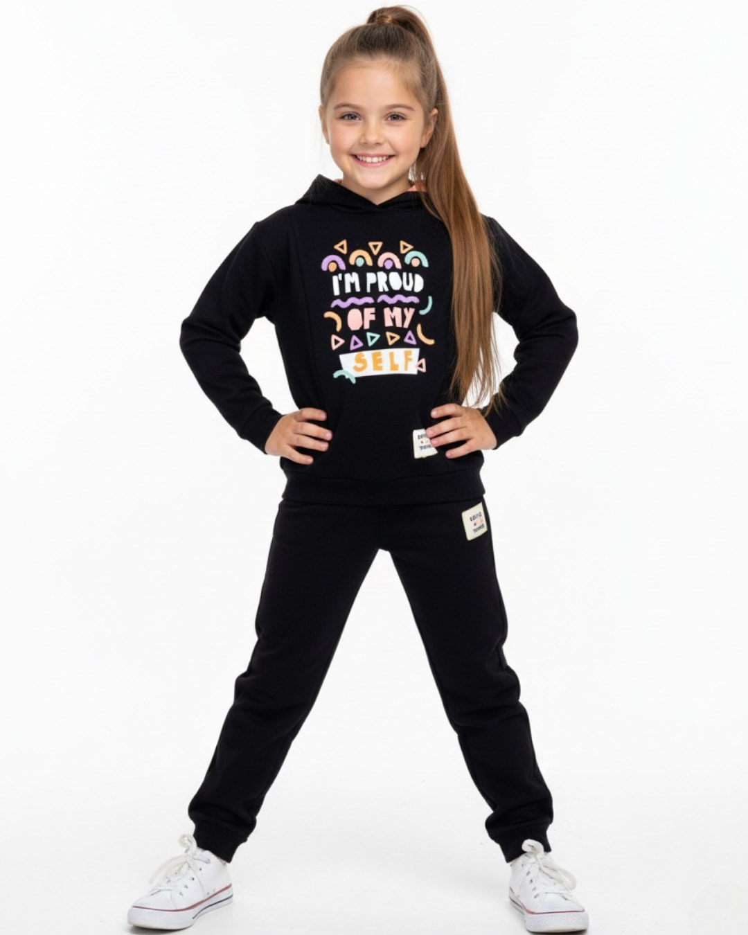 Kız Çocuk 6-7-8-9-10 Yaş Kapüşonşu Mevsimlik Spor Eşofman Takımı / Alt Üst Takım R2326 - SİYAH