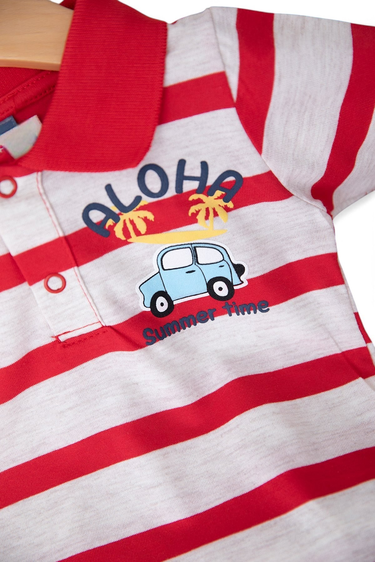 ERKEK BEBEK ALOHA BASKILI ÇİZGİLİ POLO YAKALI 6-9-12-18-24 AY ŞORTLU BEBEK TAKIMI R1694