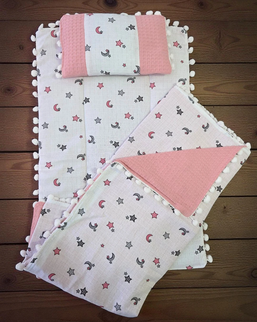 Battaniyeli, Yastıklı 3'lü Alt Açma Minderi Seti, Müslin Desenli Alt Açma R2367 - MODEL 5