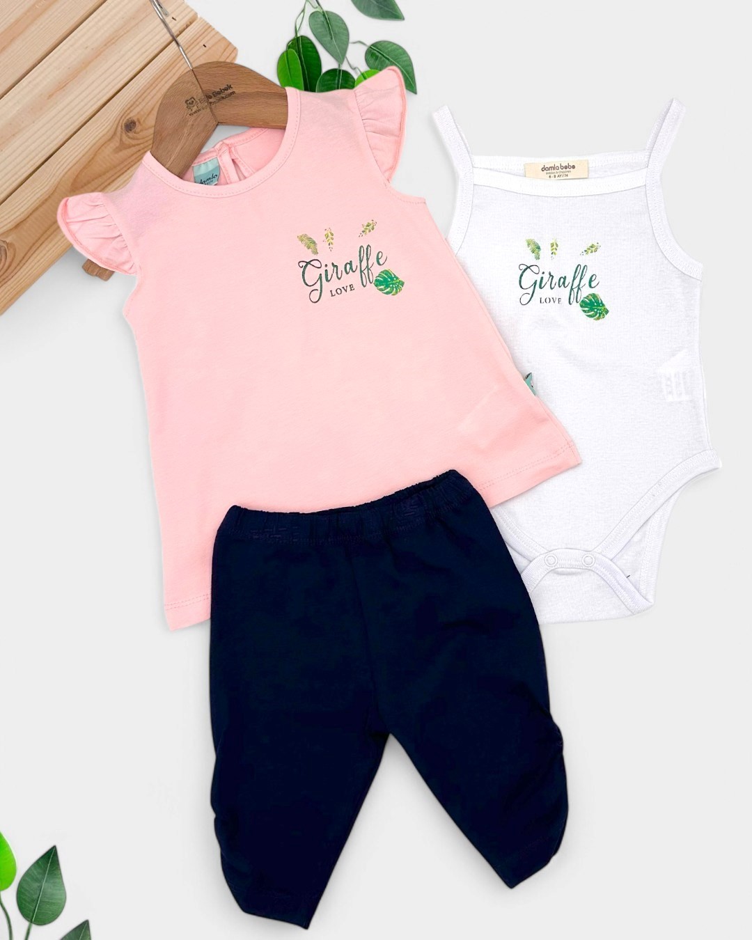 KIZ BEBEK YAZLIK 3-6-12-18-24 AY SIRTI ZÜREFA BASKILI ÇITÇITLI BODY'Lİ 3 PARÇA ALT ÜST TAKIM R1745 - PEMBE