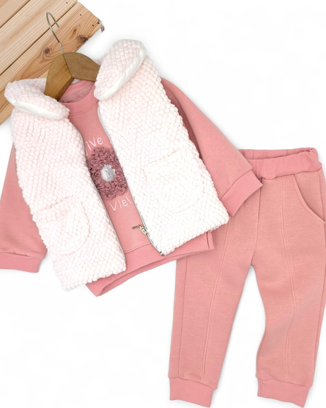 Kız Bebek Kışlık 3 İp Şardonlu Kalın Yelekli 6-9-12-18 Aylık 3 Parça Alt Üst Takım R2315