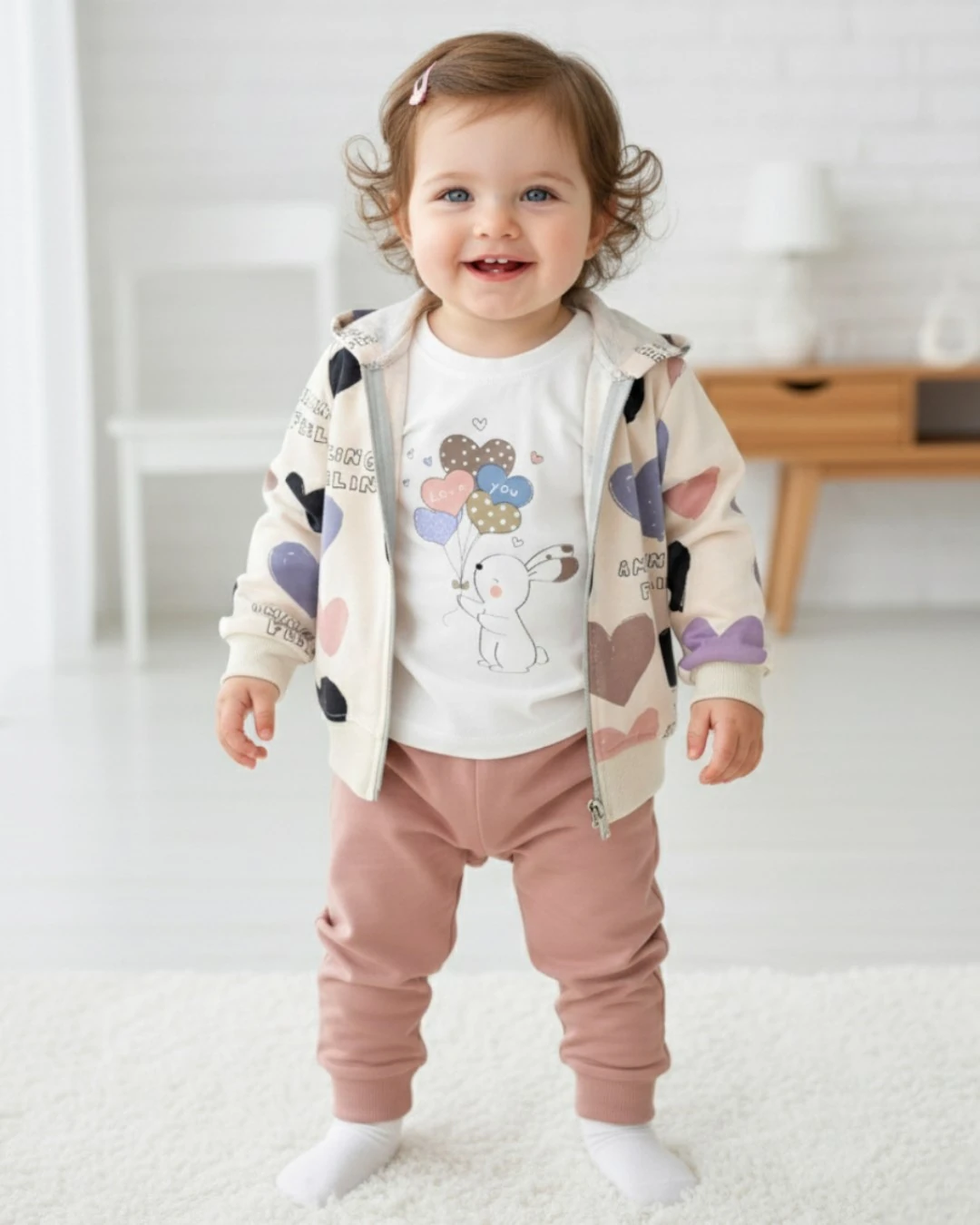 Kalp Desenli Kapüşonlu Hırkalı Kız Bebek Eşofman Takımı 3’lü Set 6-9-12-18-24 Ay l %100 Pamuk R2340 - MERCAN