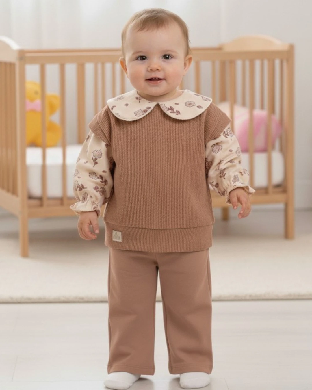 Kız Bebek Özel Tasarım Bebe Yakalı, Örme Triko 6-9-12-18-24 Ay Şık Bebek Takımı R2146 - VİZON