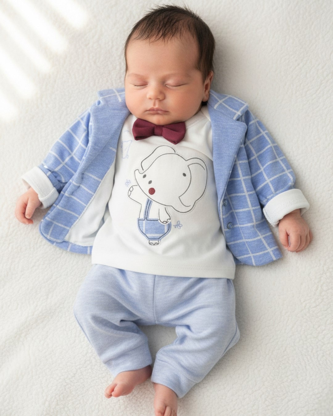 Erkek Bebek Ekoseli Ceketli Papyonlu 3 Parça Yeni Doğan Bebek Takımı R1633 - BEBE MAVİSİ