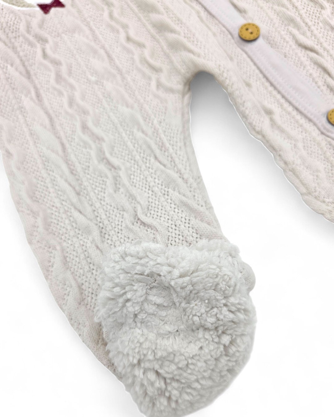 Mevsimlik Unisex Ayıcık Nakışlı 0-3-6-9 Ay  Triko Tulum, Ayakları Kapalı, Ahşap Düğmeli , Kapüşonlu R2205