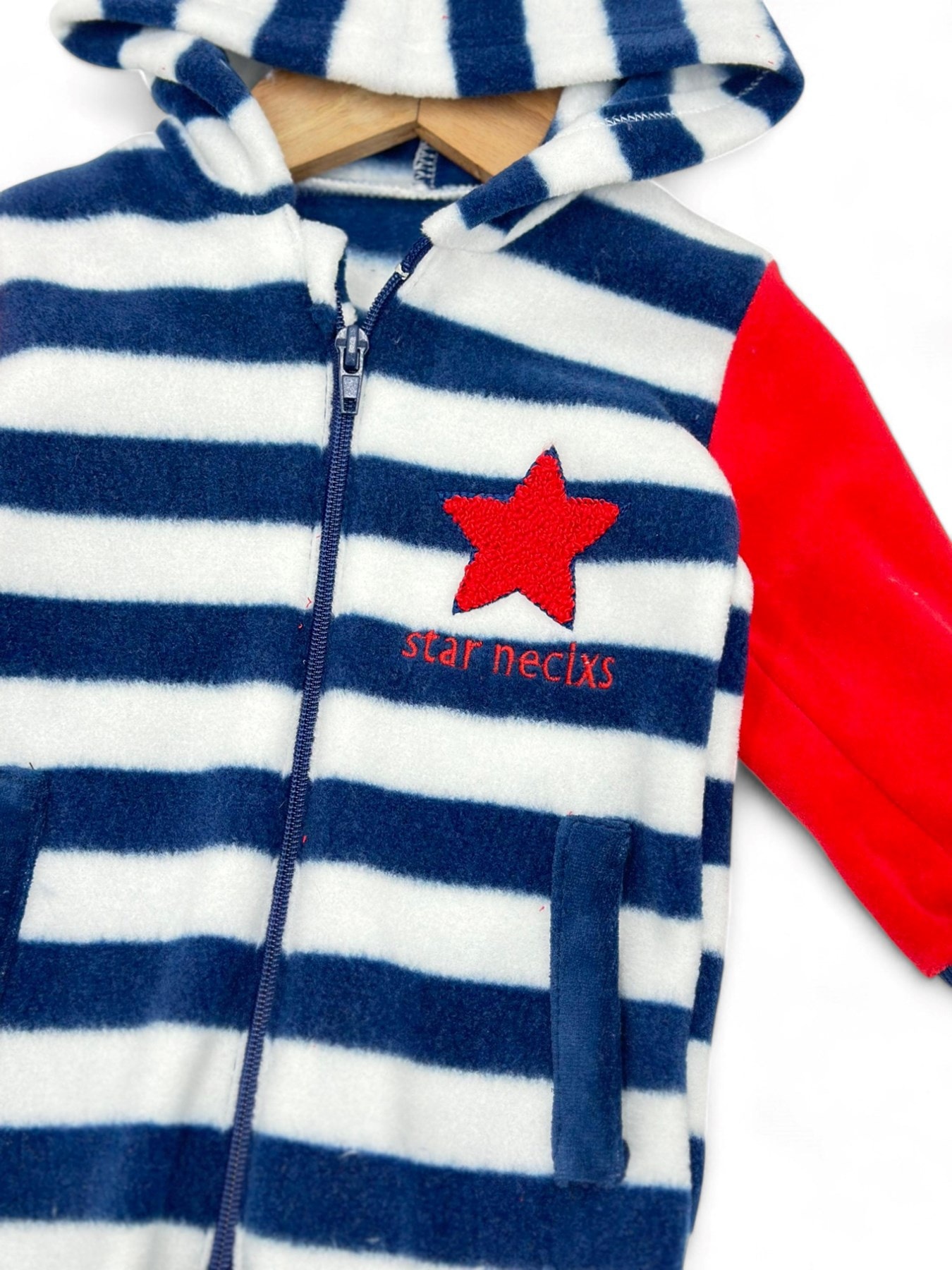 Erkek  Bebek Kışlık Fermuarlı Çizgili Kulak Detaylı Welsoft Tulum 3-6-9-12 Ay R1324