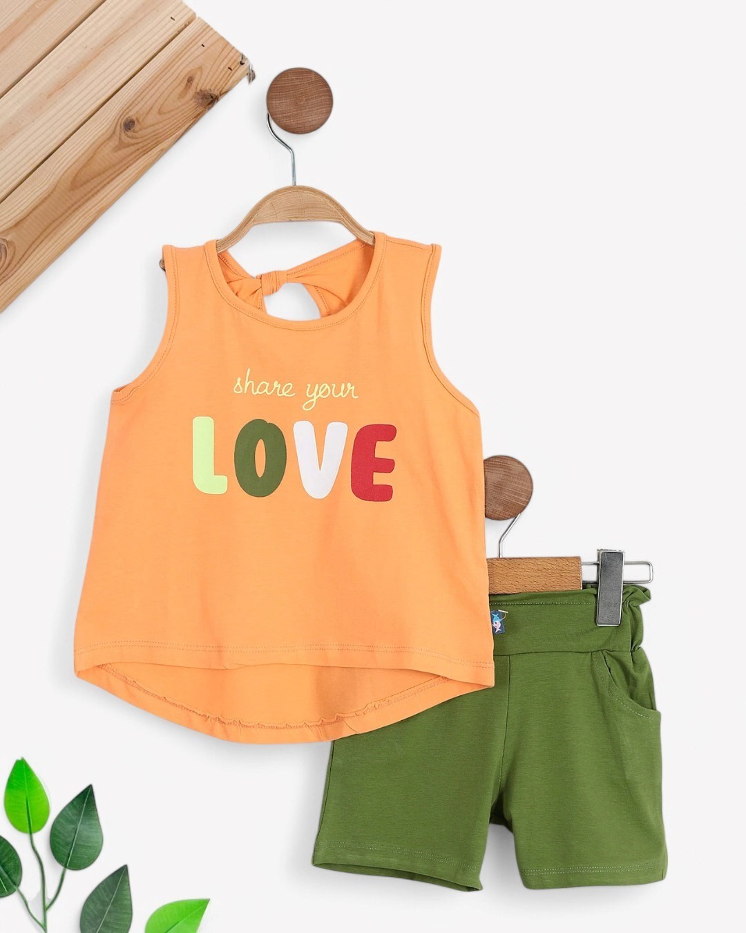 KIZ ÇOCUK YAZLIK ASKILI LOVE BASKILI ŞORTLU ALT ÜST TAKIM 3-6 YAŞ %100 PAMUK R1775 - TURUNCU