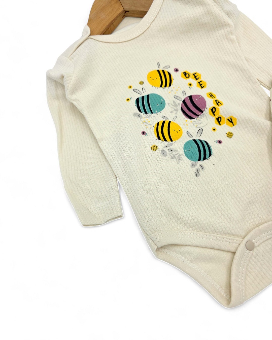 Kız Bebek Yenidoğan Arı Baskılı Fitilli Çıtçıtlı Badi ve Altlı Natural Pamuk Bebek Takımı 0-9 Ay R2152