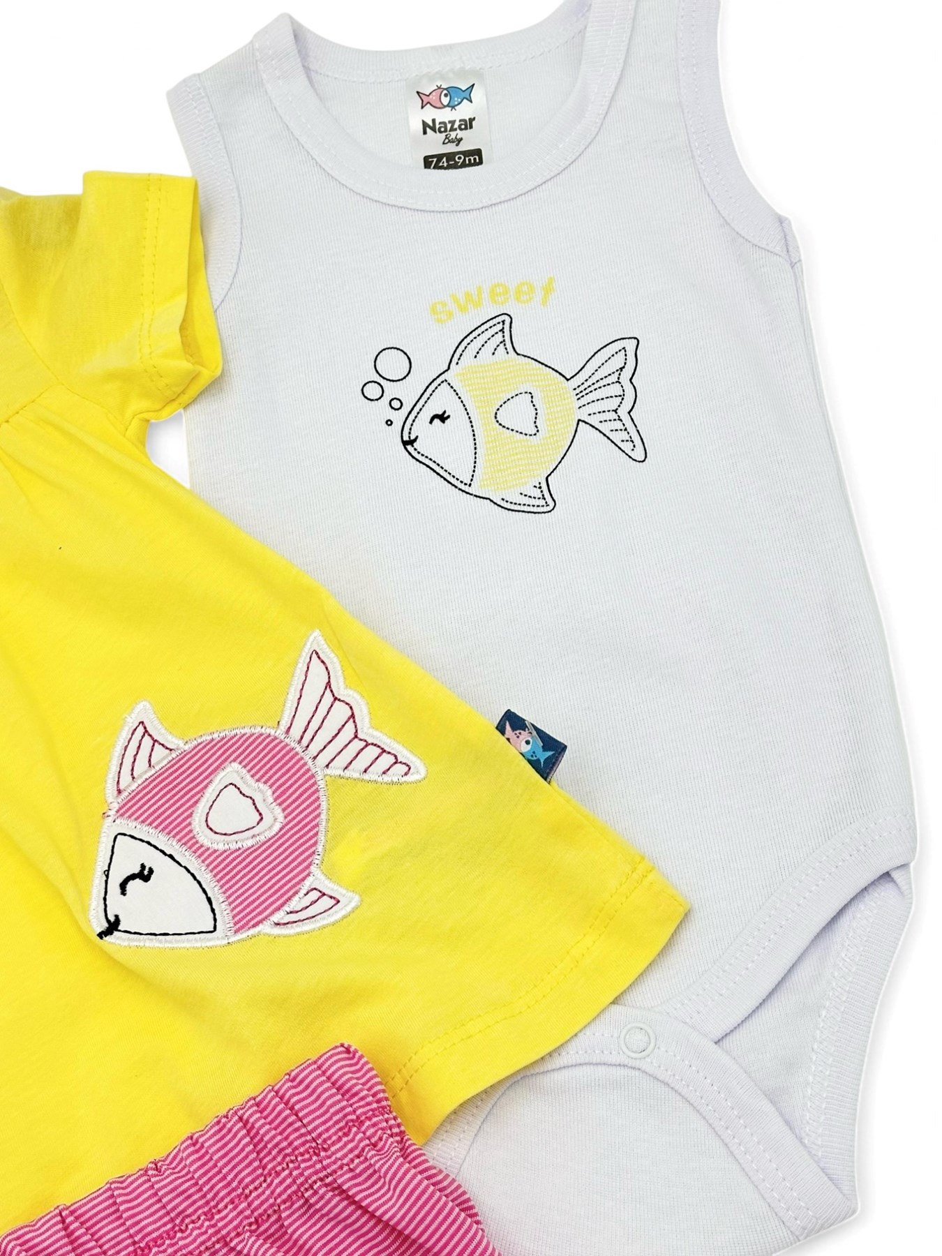 KIZ BEBEK YAZLIK 6-9-12-18-24 AY 3 PARÇA ÇITÇITLI BODYLİ BALIK NAKIŞLI TAKIM R1766
