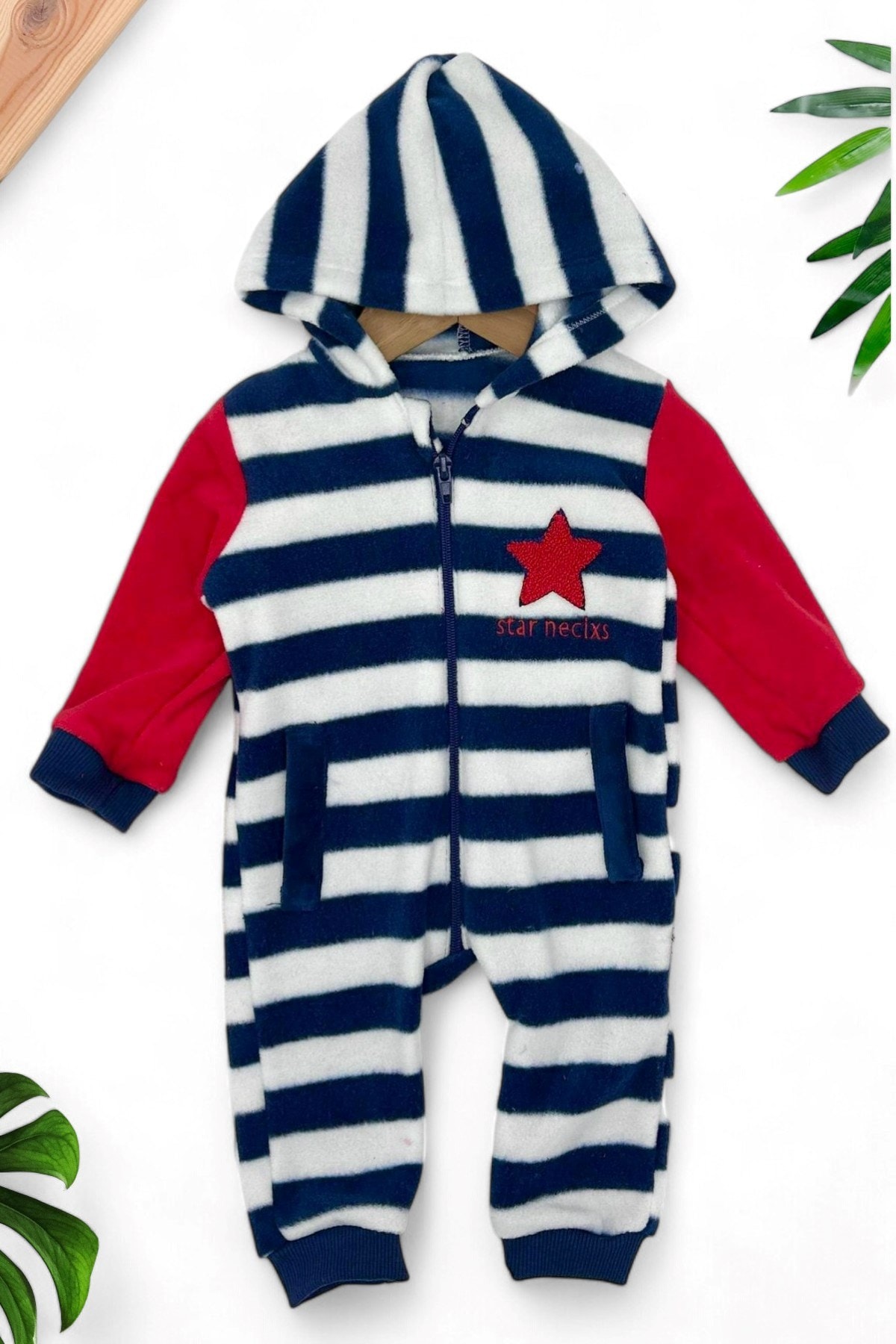 Erkek  Bebek Kışlık Fermuarlı Çizgili Kulak Detaylı Welsoft Tulum 3-6-9-12 Ay R1324