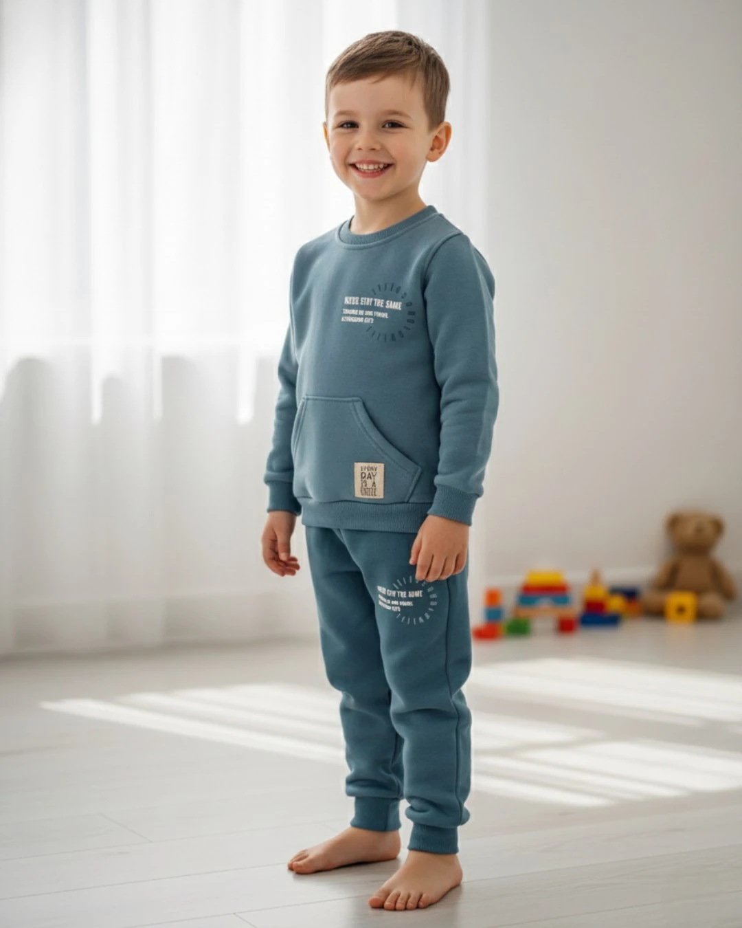 Erkek Çocuk Kışlık 3 İp Şardonlu 2-3-4-5-6-7-8-9-10 Yaş Eşofman Takımı, Kışlık Alt Üst Takım R2389 - PETROL