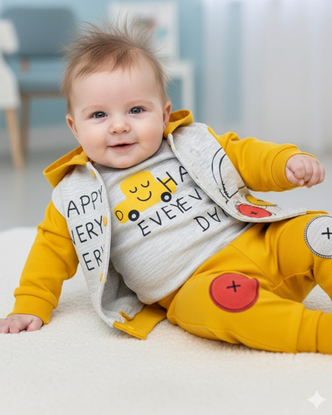 Erkek Bebek Mevsimlik Araba Nakışlı 3'lü Zıbınlı Yeni Doğan 3-6-9 Ay Bebek Takımı R1203 - SARI