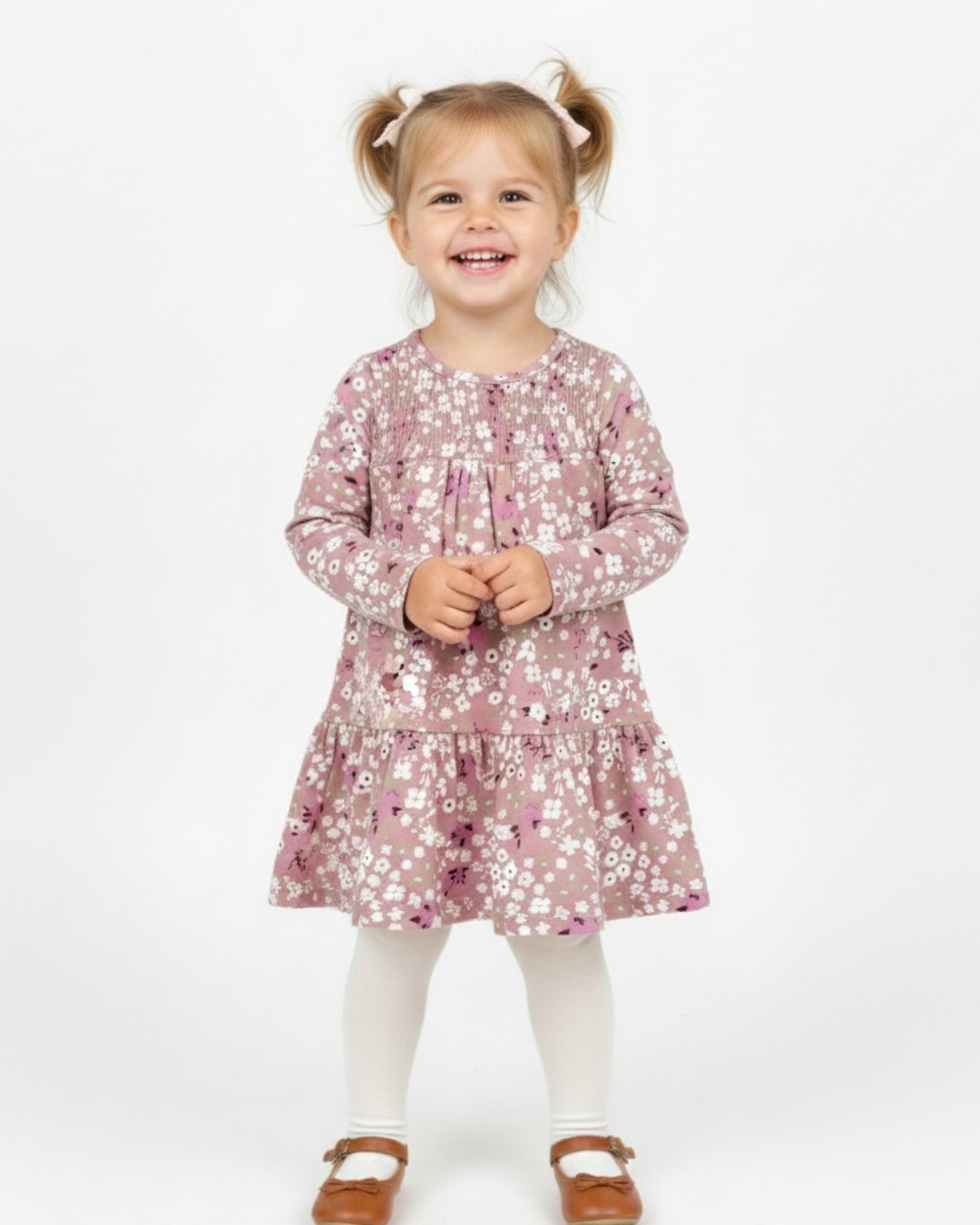 Kız Çocuk 2-3-4-5 Yaş Çiçek Baskılı Mevsimlik Uzun Kollu Elbise R1492