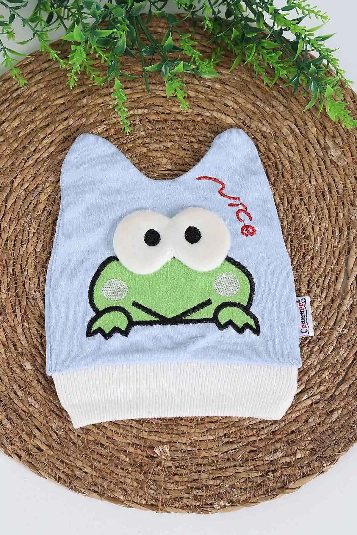 Kurbağa Nakışlı Yeni Doğan Penye Bebek Beresi BR39 - BEBE MAVİSİ