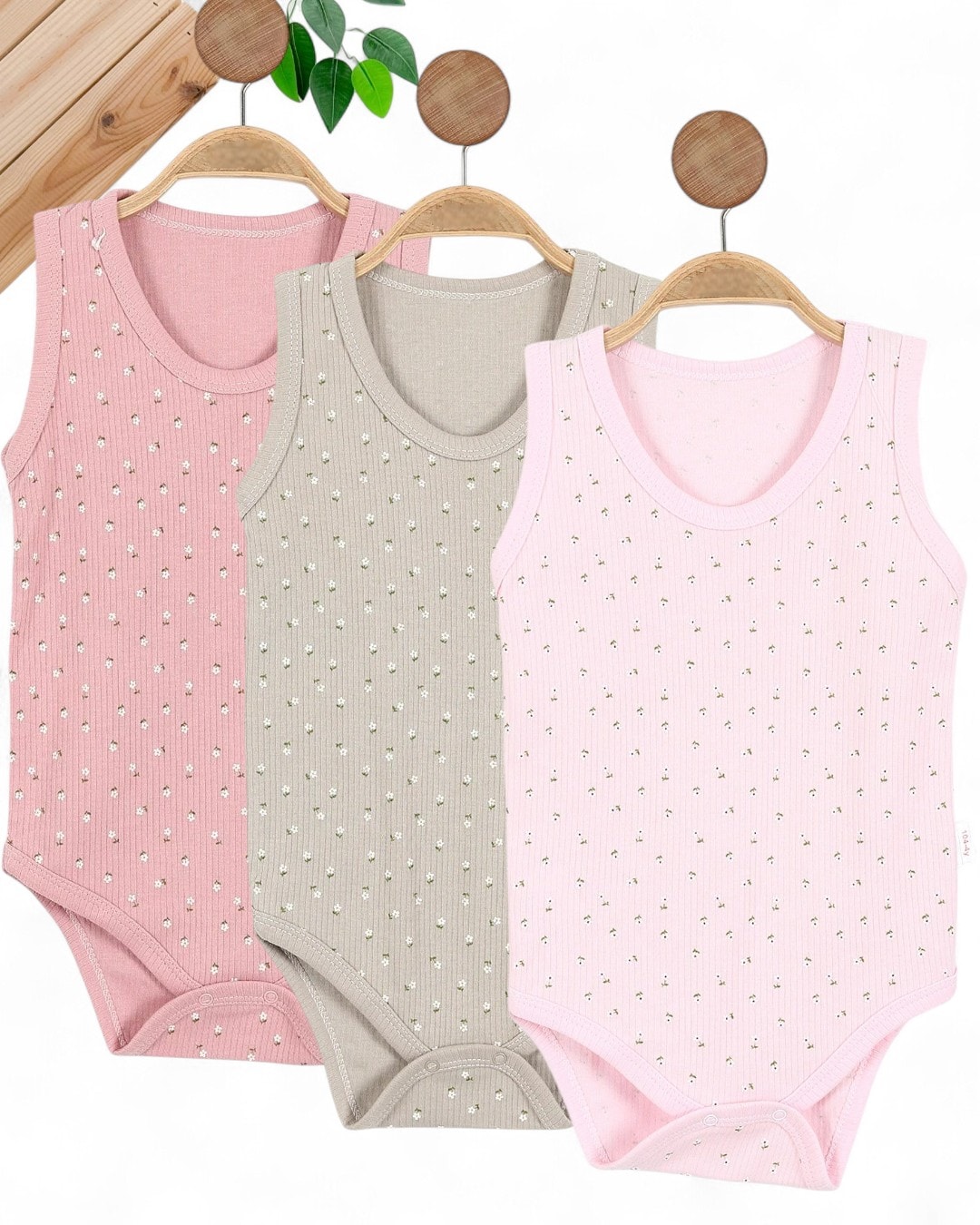 KKIZ BEBEK ÇİÇEK BASKILI 3'LÜ FİTİLLİ ÇITÇITLI SIFIR KOL ATLET BODY 0-3 YAŞ %100 NATURAL PAMUK R773 - GÜL KURUSU - PEMBE - SOMON