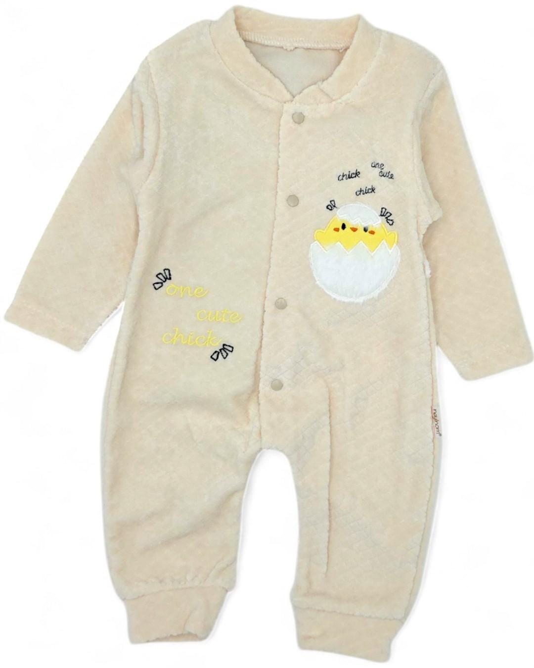 Bebek Kışlık Civciv Desenli %100 Pamuklu 0-1-3-6 Ay Kadife Çıtçıtlı Tulum R2162 - BEJ