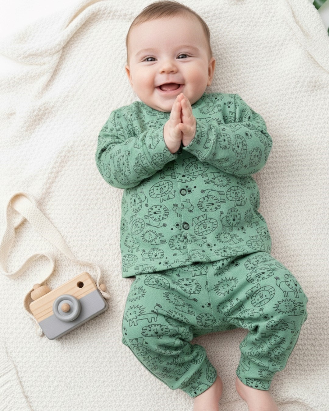 Bebek Aslan Baskılı Çıtçıtlı Gecelik Takımı 3-12 Ay %100 Pamuk,  Uzun Kollu Gecelik Takımı R1053 - YEŞİL