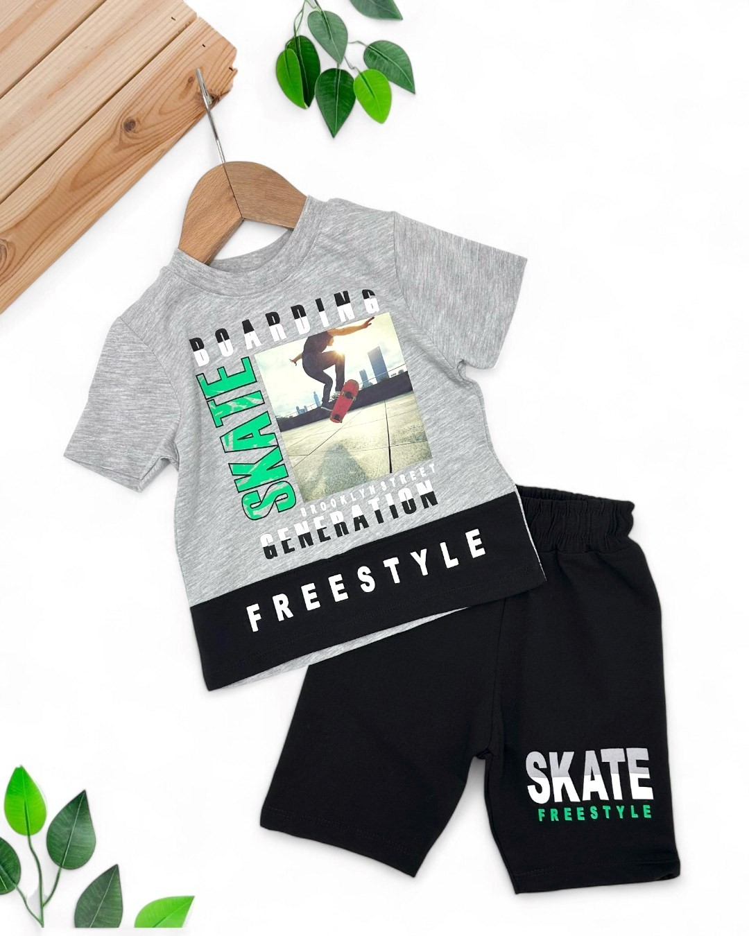 ERKEK ÇOCUK SKATE BASKILI 2-3-4-5 YAŞ YAZLIK ŞORTLU KISA KOLLU ALT ÜST TAKIM OT41 - GRİ