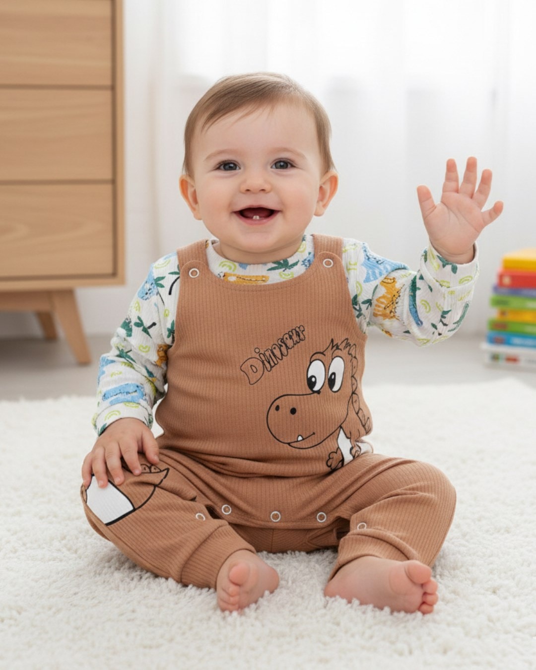 Erkek Bebek Dinazor Baskılı Fitilli Şirin Bahçıvan Salopet Tulum Ve İç Badili Takım R1107 - KAHVERENGİ