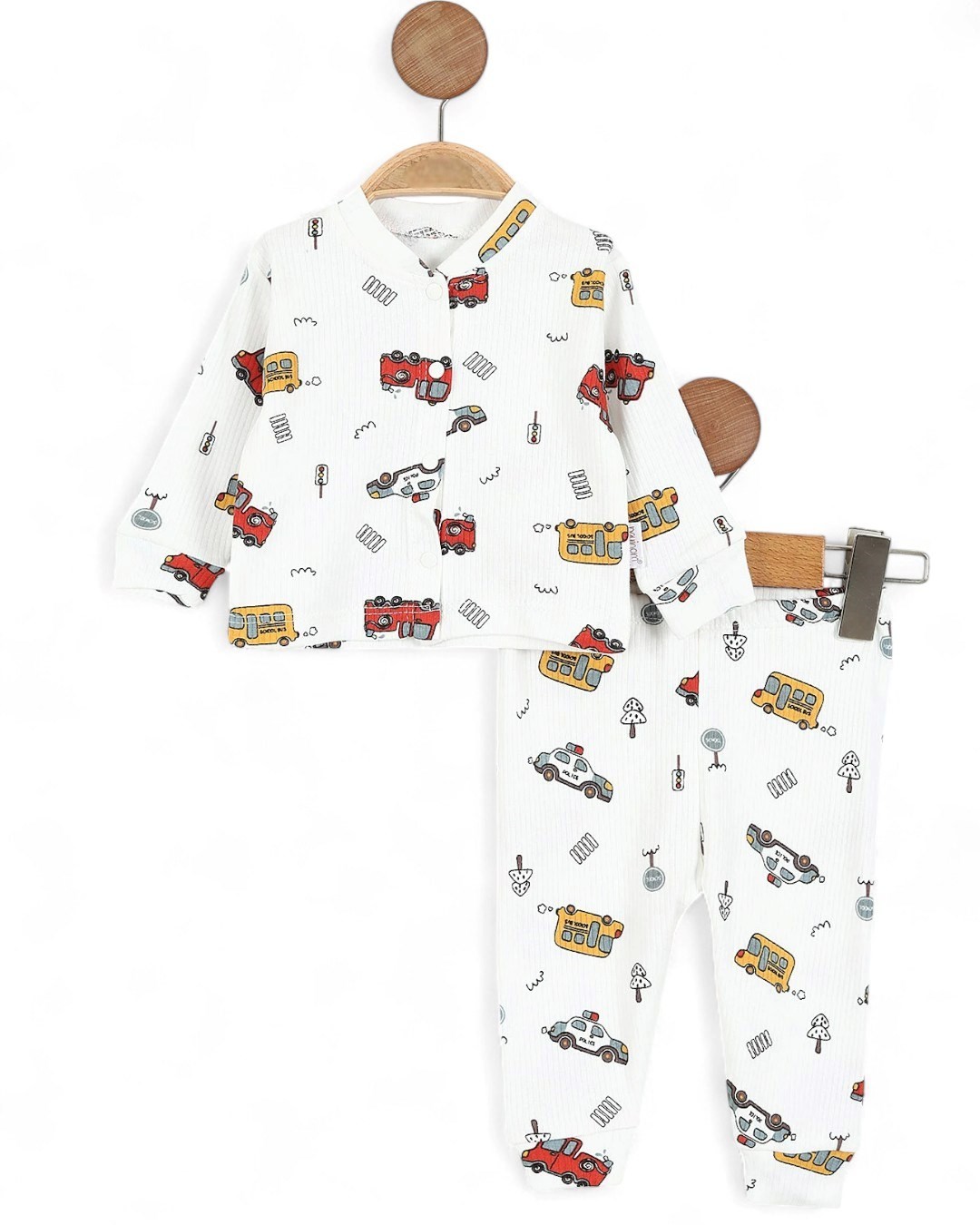 Erkek Bebek Araba Baskılı İnce Fitilli Gecelik Pijama Takımı Çıtçıtlı  Alt Üst Takım  R1474 - BEYAZ
