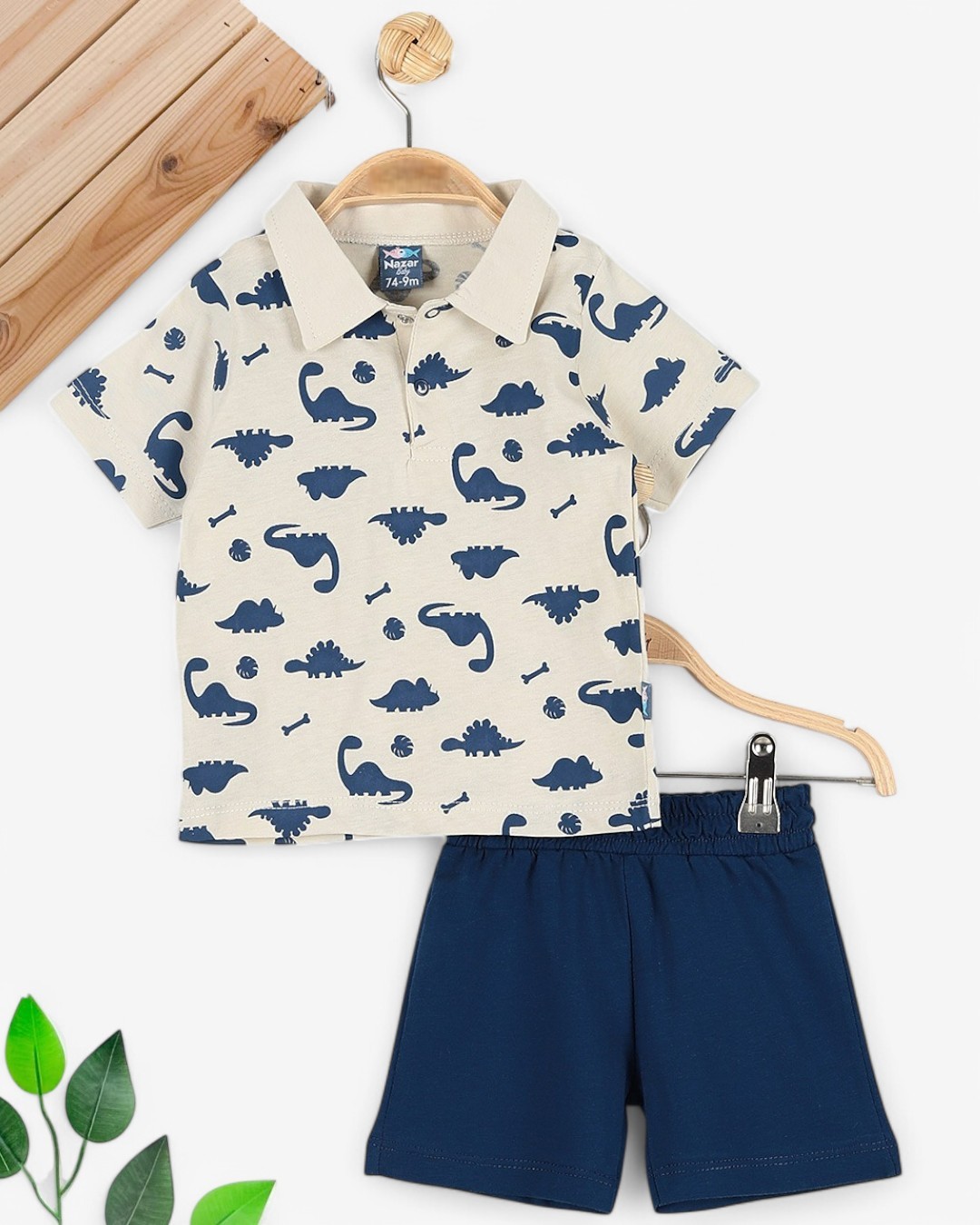 ERKEK BEBEK YAZLIK DİNAZOR BASKILI POLO YAKALI 6-9-12-18-24 AY BEBEK TAKIMI R1700 - KREM