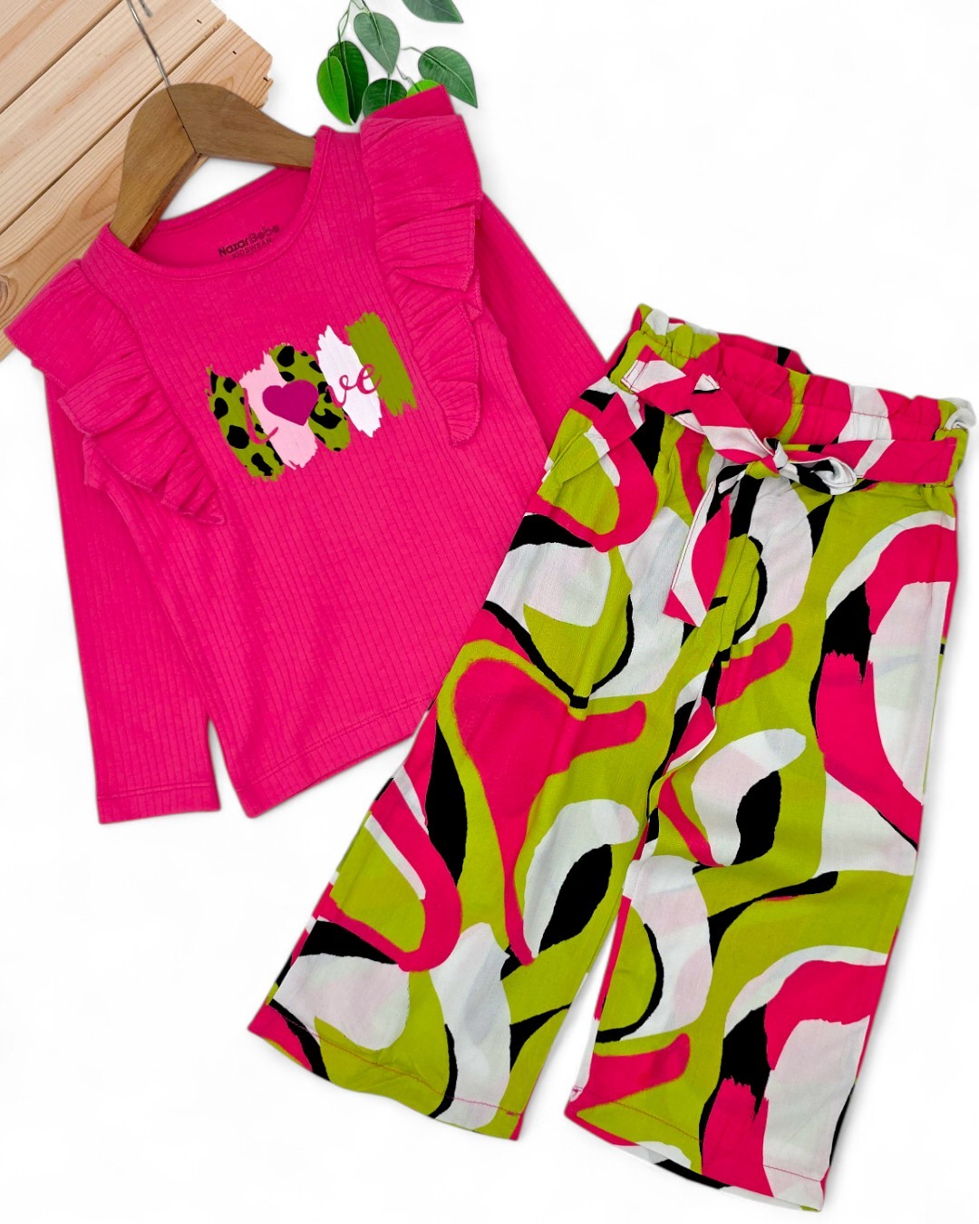 Kız Çocuk 2-6 Yaş Mevsimlik Fırfırlı Dokuma Pantalonlu  Alt Üst Takım R983 - PEMBE