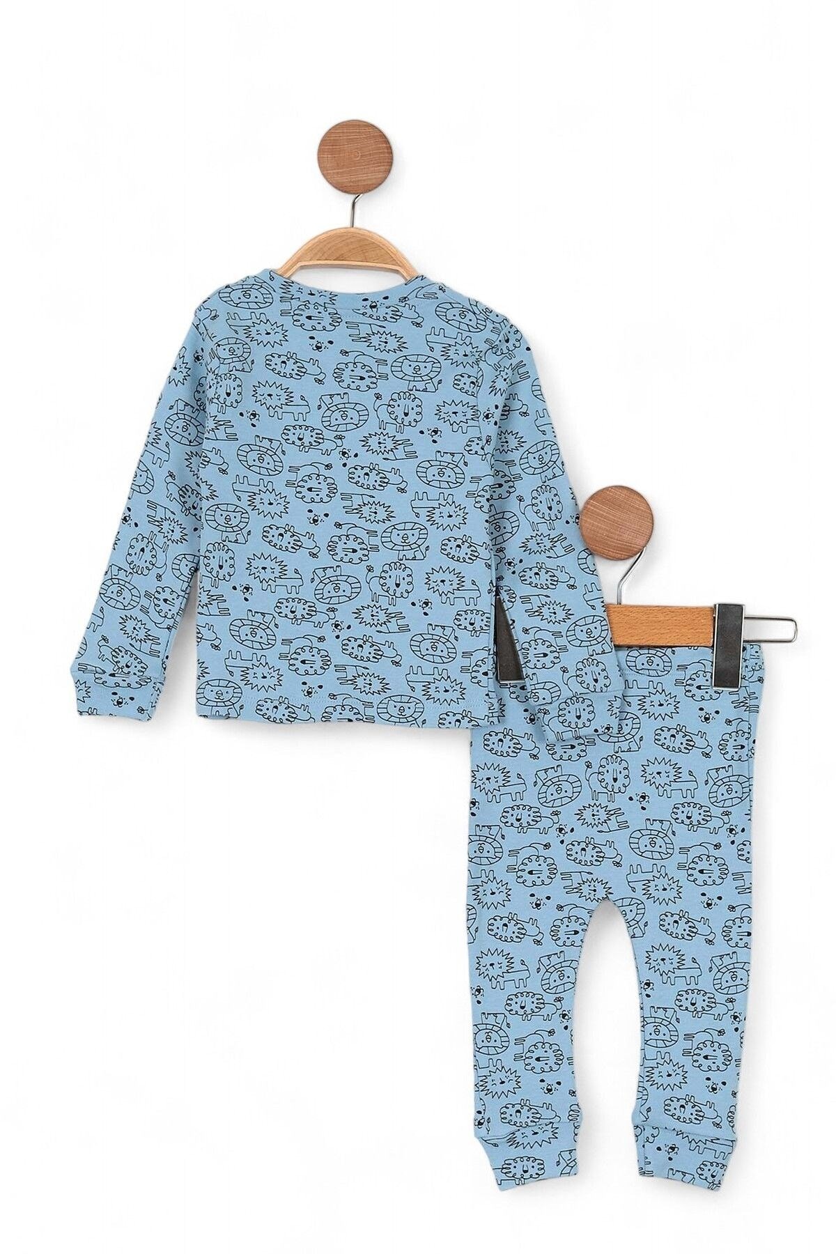 Bebek Aslan Baskılı Çıtçıtlı Gecelik Takımı 3-12 Ay %100 Pamuk,  Uzun Kollu Gecelik Takımı R1053