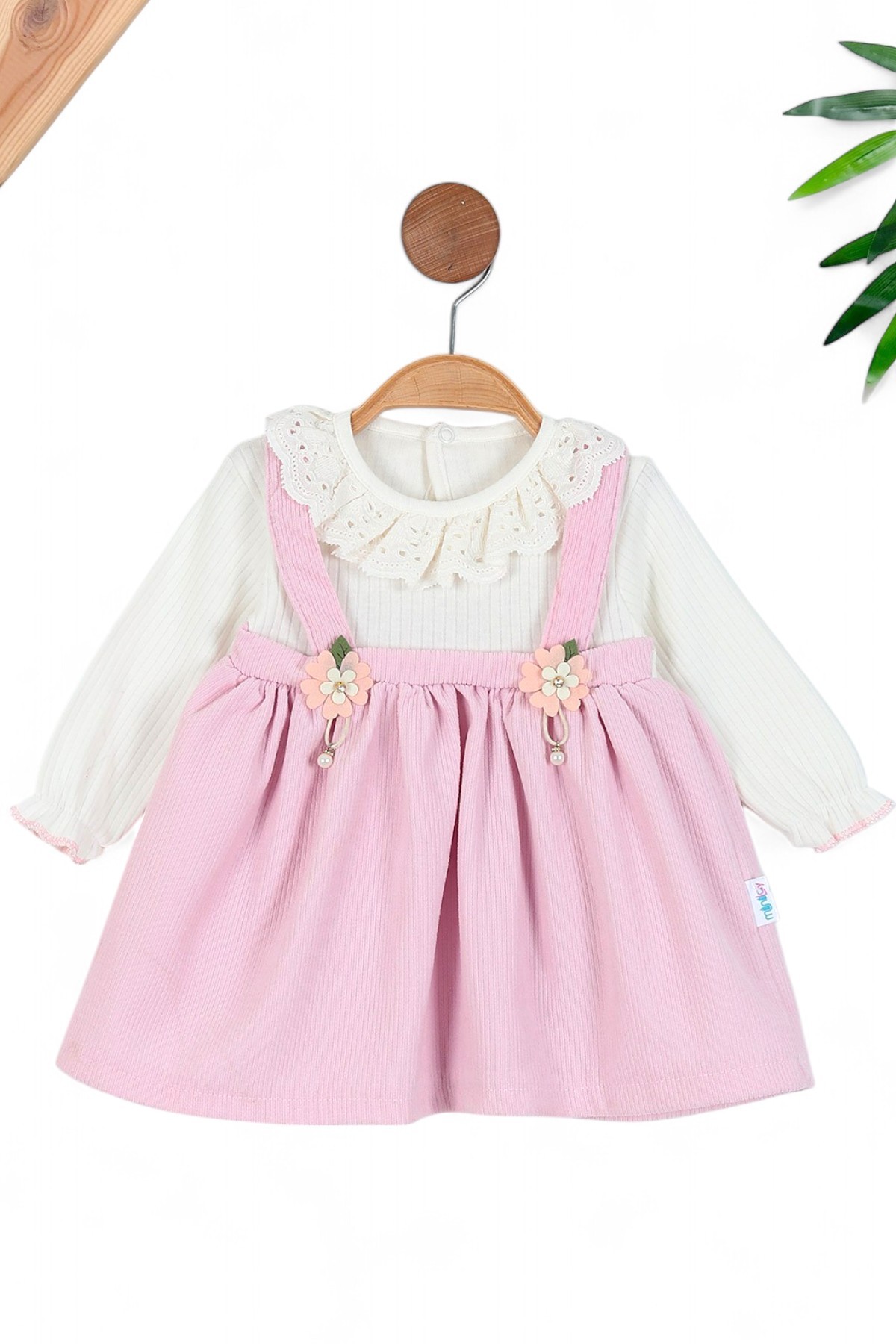 Kız Bebek Fitilli Dokulu Mevsimlik Dantel Detaylı Doğum Günü Elbisesi R562 - PEMBE