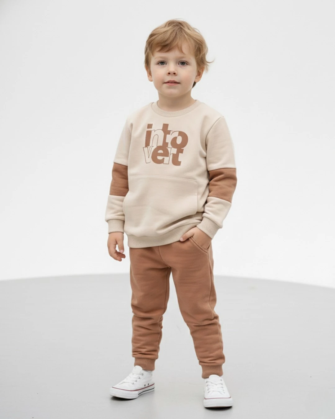 Erkek Çocuk Mevsimlik 2-3-4-5-6 Yaş Baskılı Eşofman Takımı, 2 İplik Alt Üst Takım R2397 - BEJ