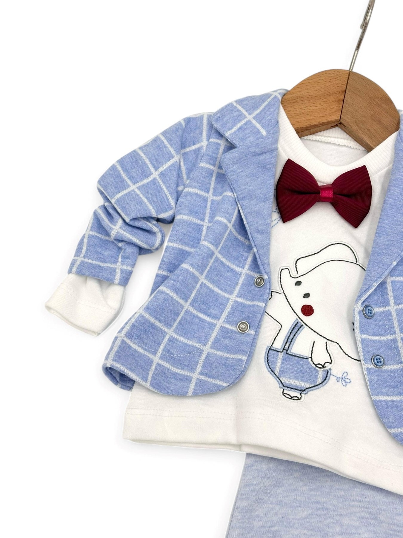 Erkek Bebek Ekoseli Ceketli Papyonlu 3 Parça Yeni Doğan Bebek Takımı R1633