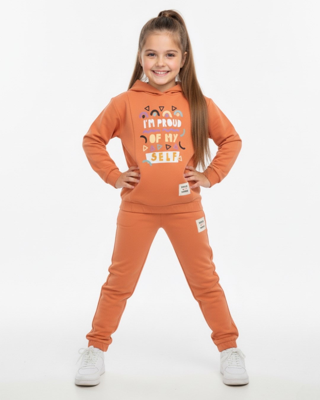 Kız Çocuk 6-7-8-9-10 Yaş Kapüşonşu Mevsimlik Spor Eşofman Takımı / Alt Üst Takım R2326 - TURUNCU