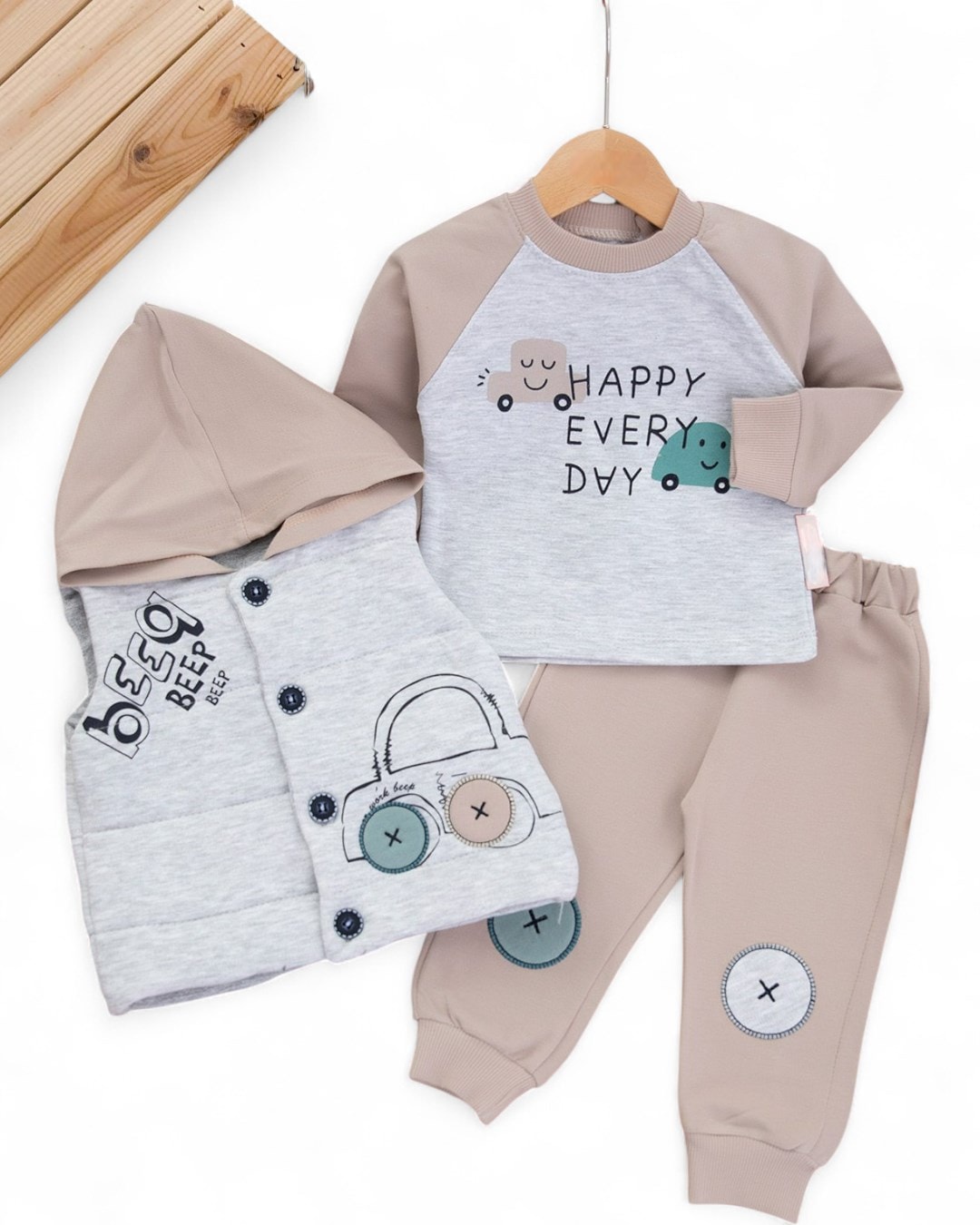 Erkek Bebek Elyaf Yelekli 3 Parça Şık Alt Üst Takım / 6-9-12-18 Ay Mevsimlik 3'lü Cool Takım R2306