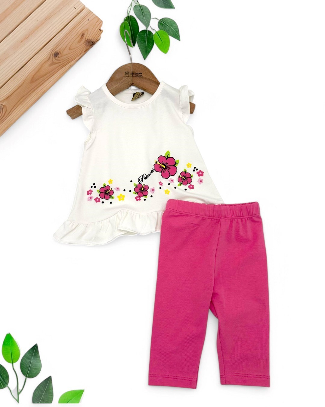 KIZ BEBEK YAZLIK ÇİÇEK BASKILI TAYTLI  6-9-12-18-24 AY KIZ BEBEK TAKIMI R1763 - BEYAZ