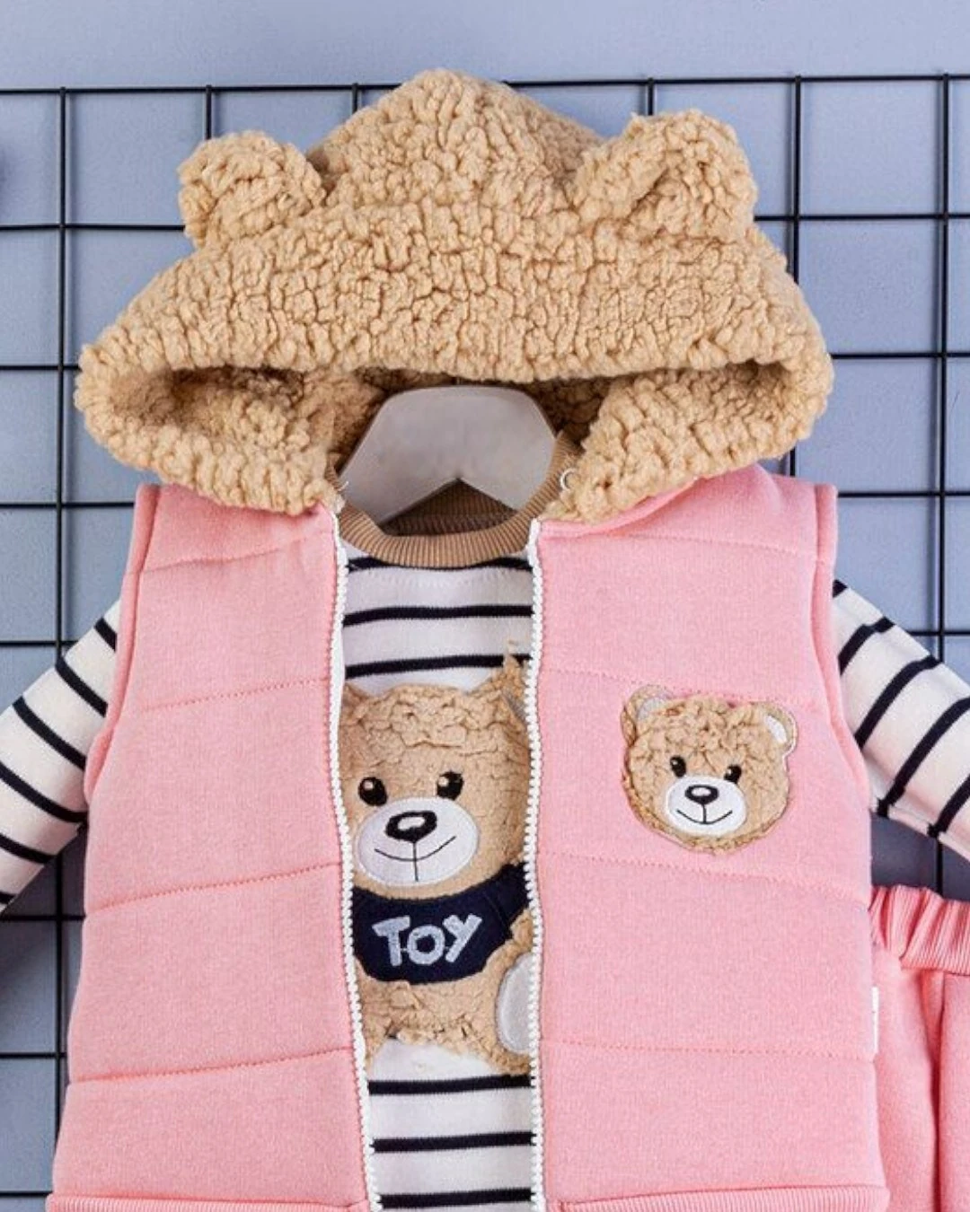 Kız Bebek 3 İp Şardonlu, Welsoft Kapüşonu Kulak Detaylı 6-9-12-18 Aylık, 2-3-4 Yaş 3 Parça Kışlık Takım R2240