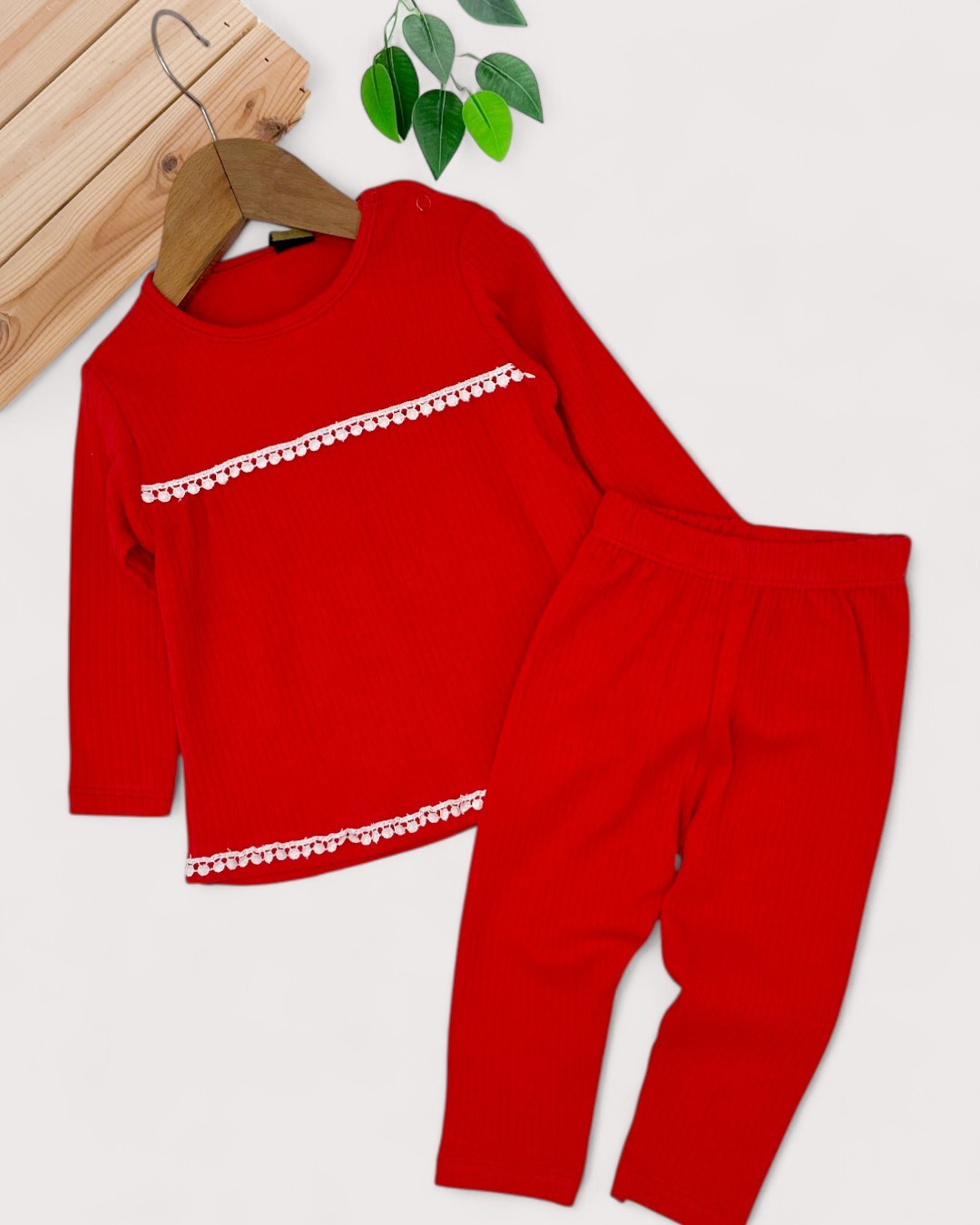 Kız Bebek 6-9-12-18-24 Aylık Fitilli Dantel Güpürlü %100 Pamuklu Mevsimlik Bebek Takımı R960 - KIRMIZI