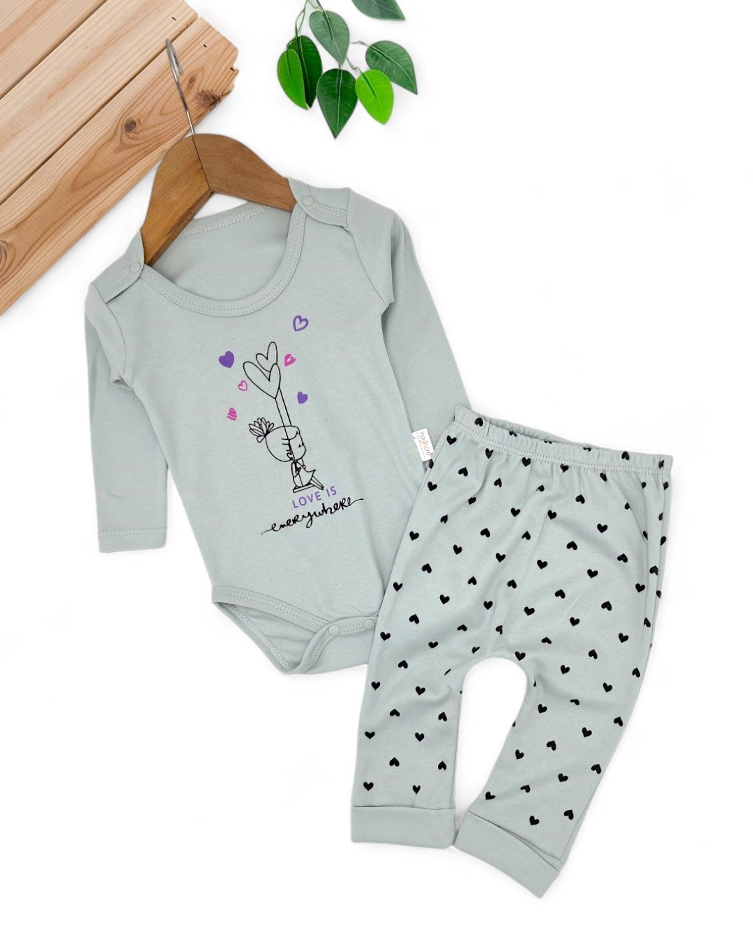 Kız Bebek Yeni doğan Kalp Desenli Çıtçıtlı Badi ve Altlı Natural Pamuk Bebek Takımı 0-9 Ay R851 - SU YEŞİLİ