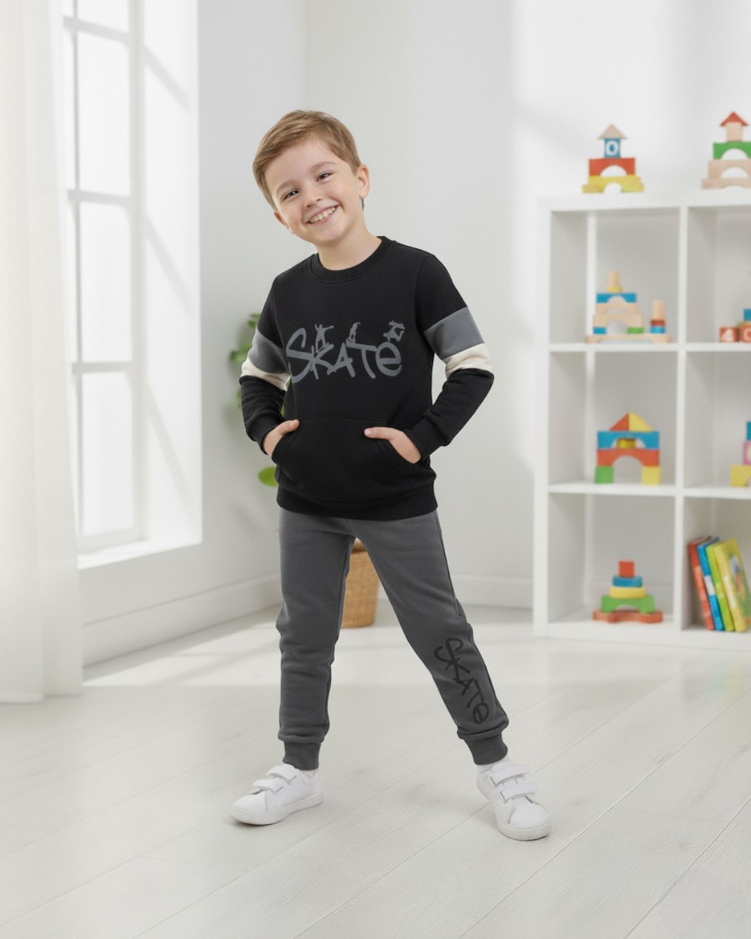 Erkek Çocuk Mevsimlik Skate Baskılı Sweatshirt, 7-10 Yaş Eşofma Takımı R2117 - SİYAH