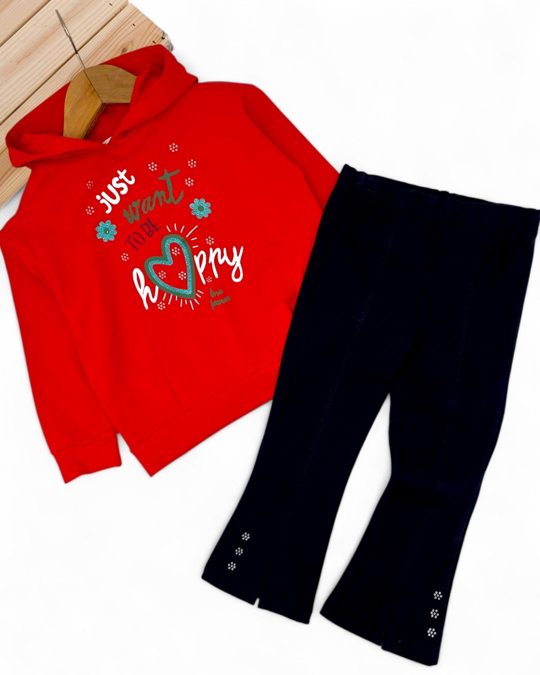 Kız Çocuk İspanyol Paça Taytlı Kapüşonlu Sweatshirtlü Mevsimlik Alt Üst Takım R2325