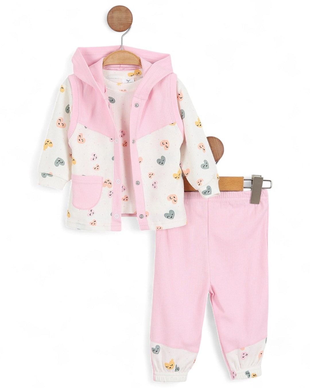 Kız Bebek Fitilli Kalp Baskılı Yelekli 3 Parça Şirin 6-12 Ay Bebek Takımı R2170 - PEMBE