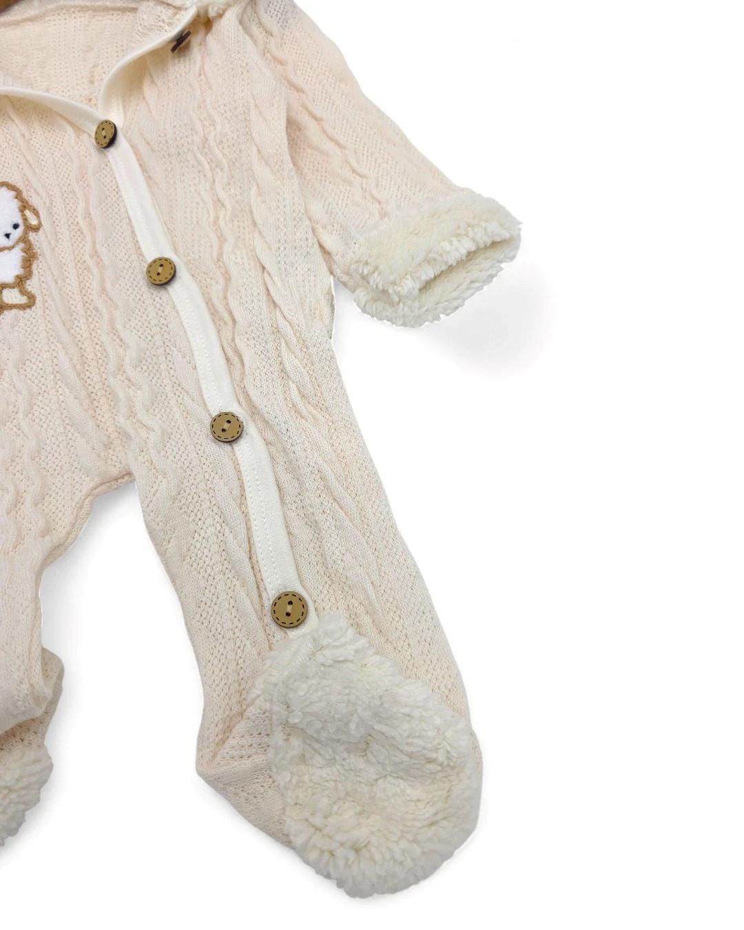 Mevsimlik Unisex Kuzu Nakışlı 0-3-6-9 Ay  Triko Tulum, Ayakları Kapalı, Ahşap Düğmeli , Kapüşonlu  R2204