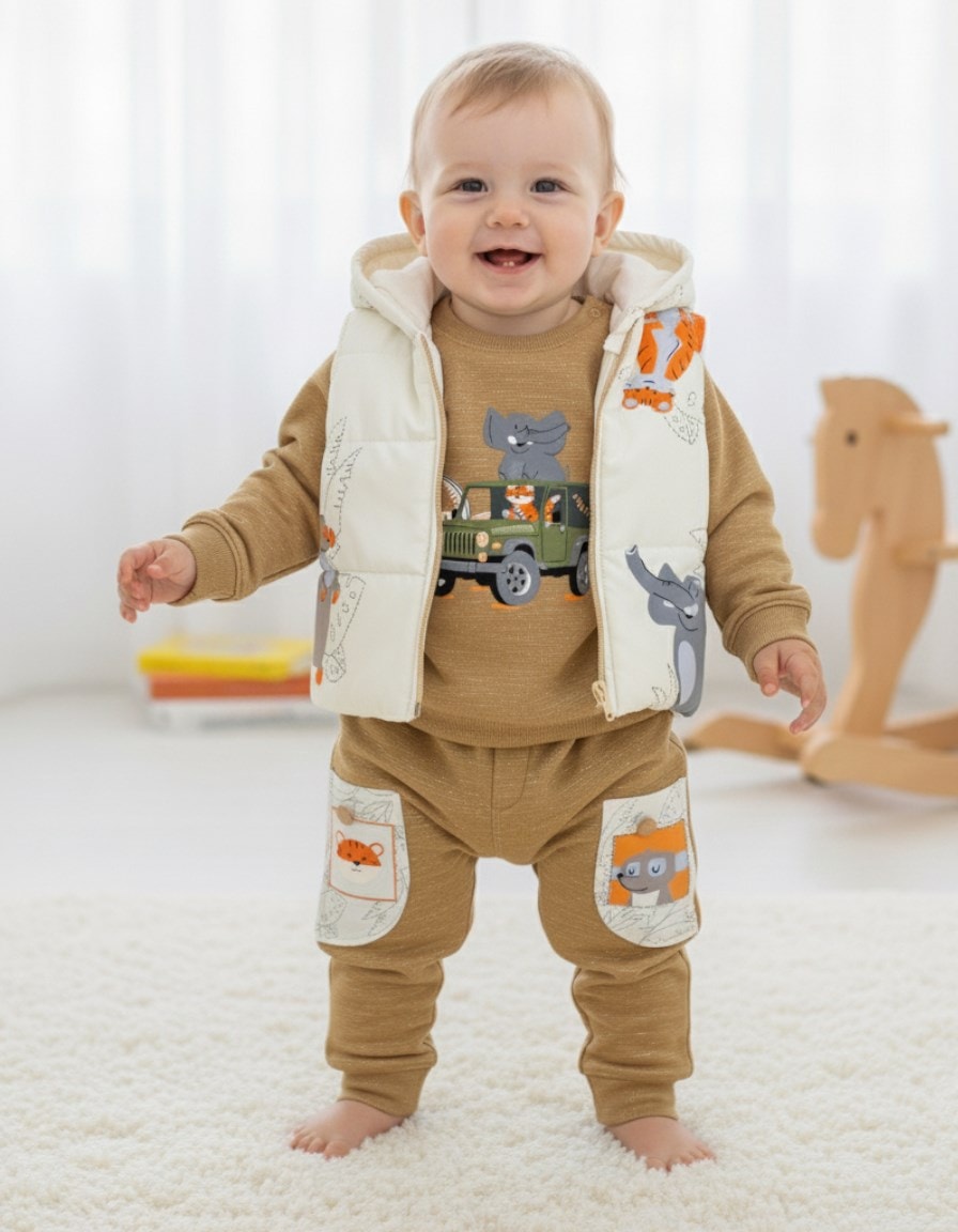 Erkek Bebek Mevsimlik Şişme Yelekli 6-9-12-18 Aylık 3'lü Bebek Takımı R2314