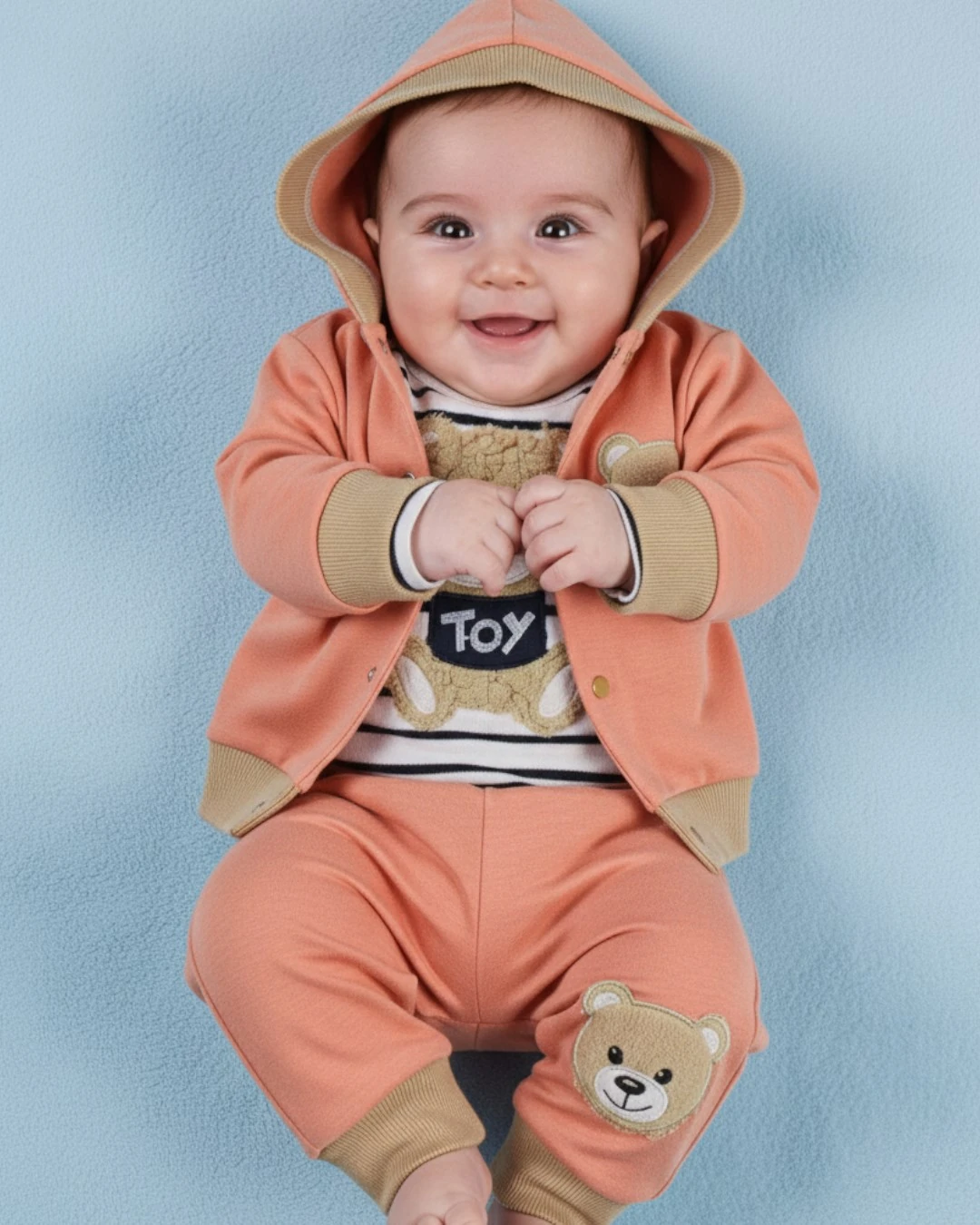 Kız Bebek Ayı Nakışlı Peluş Kapüşonlu 3 Parça Zıbınlı Mevsimlik Bebek Takımı R1204 - SOMON