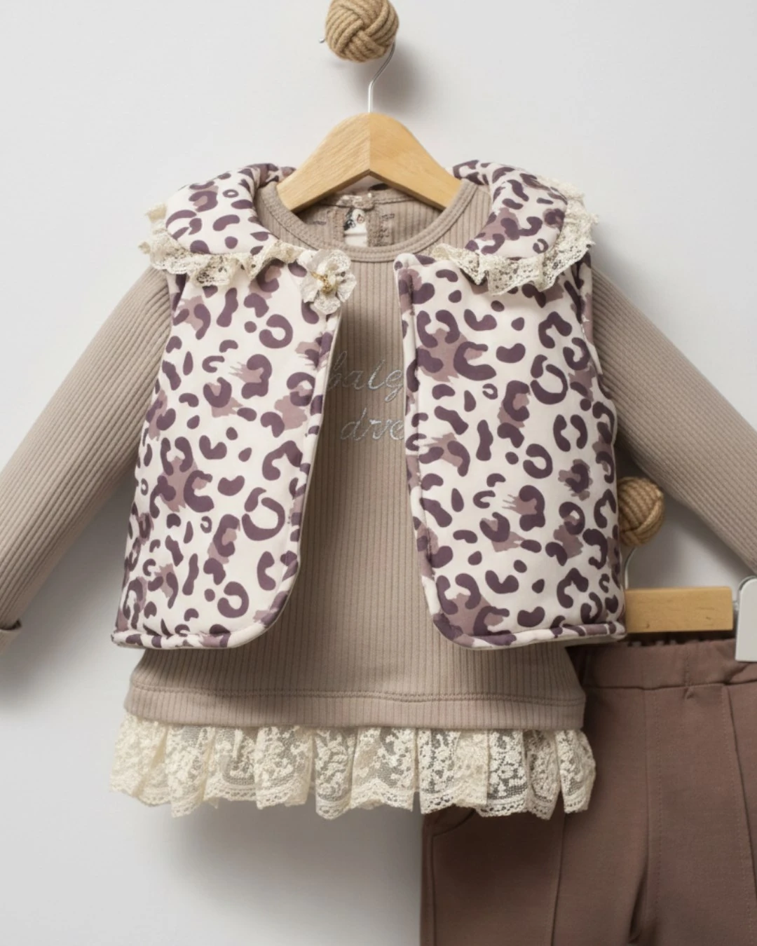 Kız Bebek Leopar Desenli Şişme Yelekli, 2-3-4 Yaş Taytlı Mevsimlik 3'lü Şık Kombin l Takım R2373