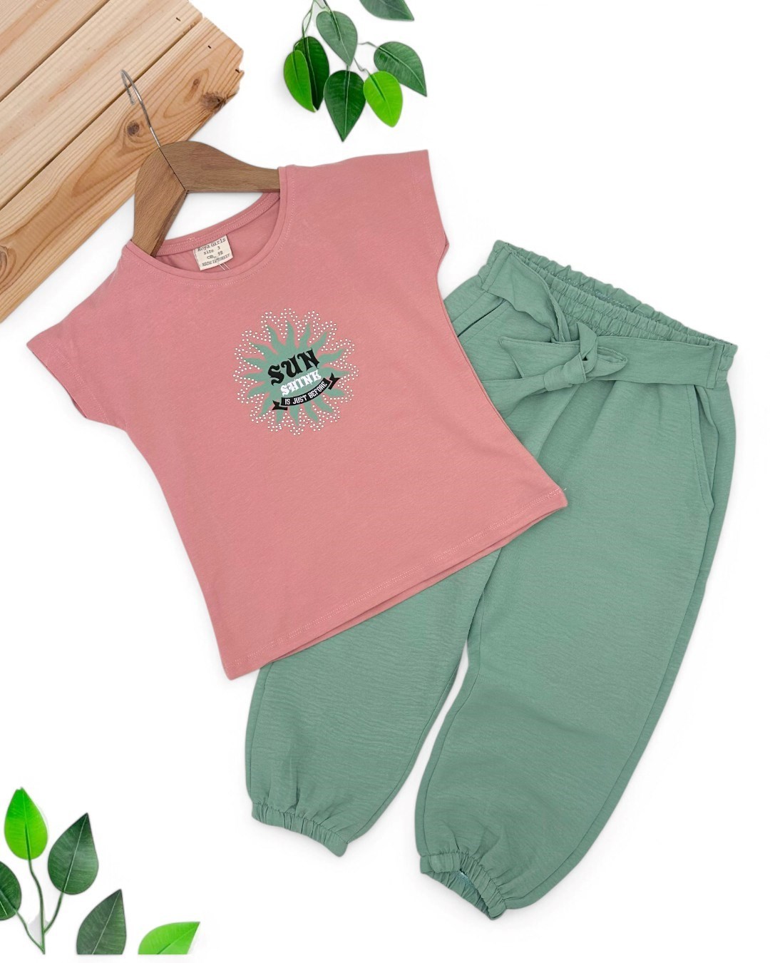 KIZ ÇOCUK YAZLIK MÜSLİN PANTALONLU T-SHIRTLU ALT ÜST TAKIM R1787 - GÜL KURUSU
