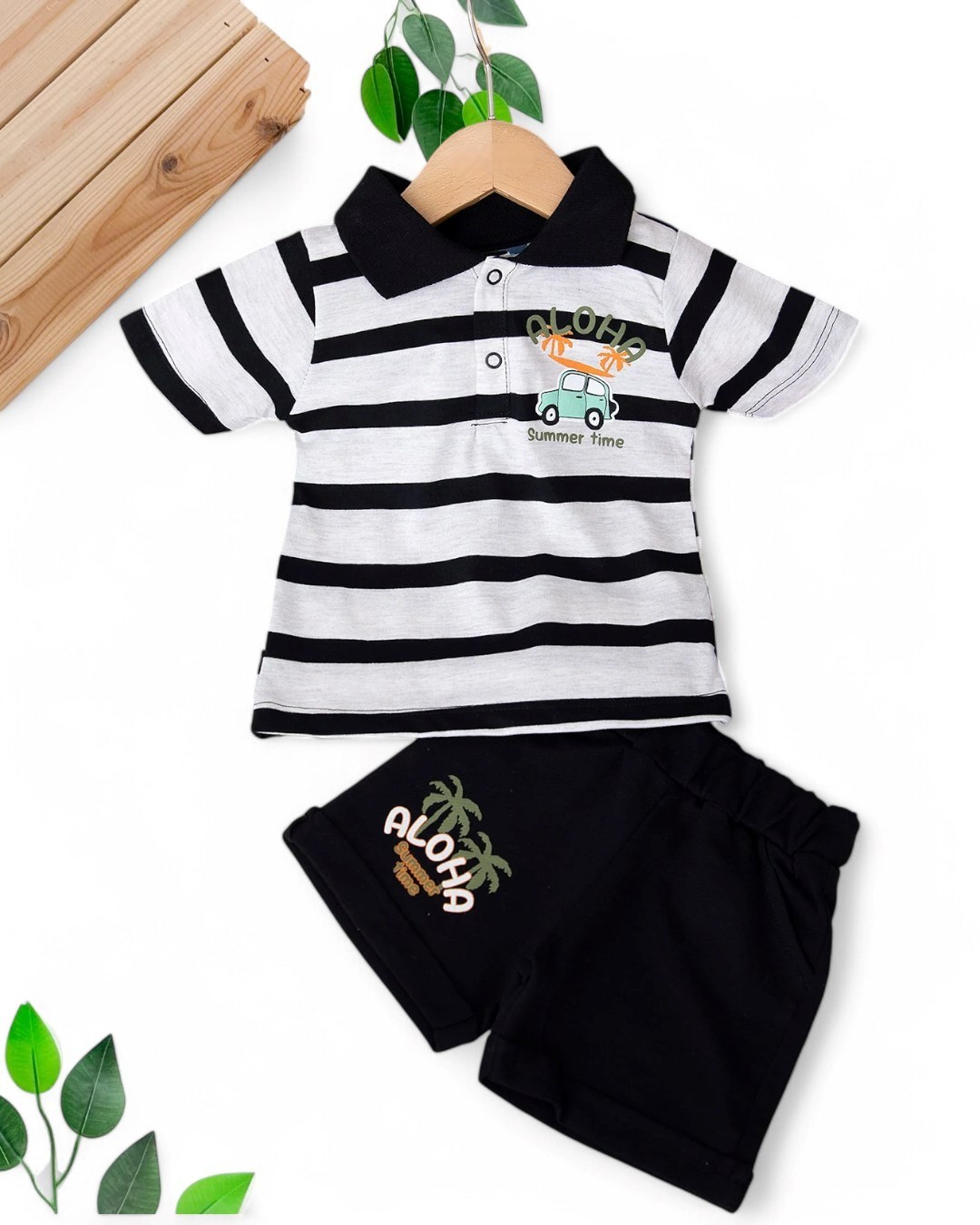 ERKEK BEBEK ALOHA BASKILI ÇİZGİLİ POLO YAKALI 6-9-12-18-24 AY ŞORTLU BEBEK TAKIMI R1694 - SİYAH