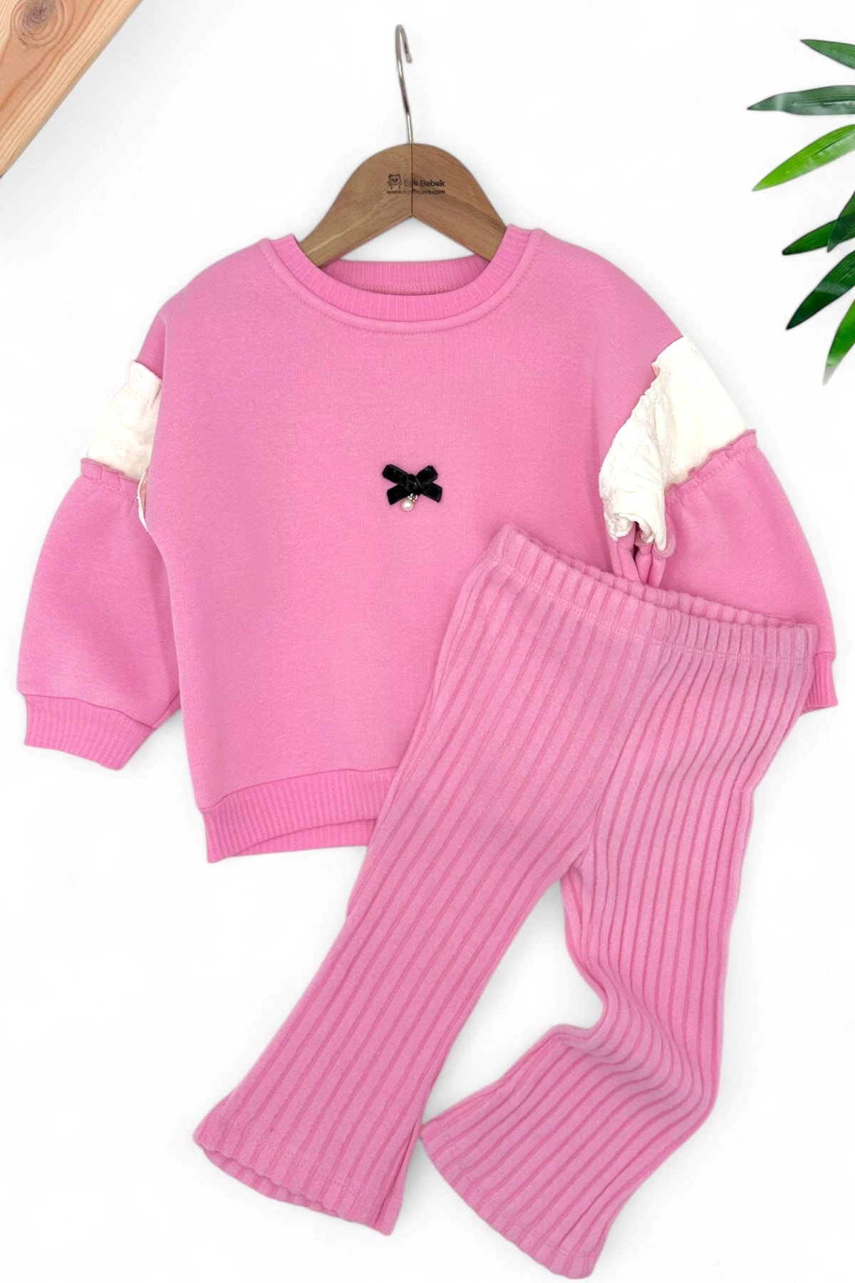 Kız Çocuk 2-3-4-5-6 Yaş Kışlık 3 İp Şardonlu Polarlı Kalın Fitilli Taytlı Şık Alt Üst Takım R1460 - PEMBE
