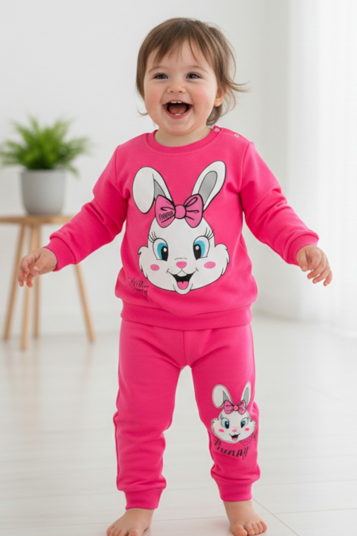 Kız Bebek Mevsimlik Uzun Kollu Sevimli Tavşan Baskılı Sweathirt Alt Üst Takım R352 - FUŞYA