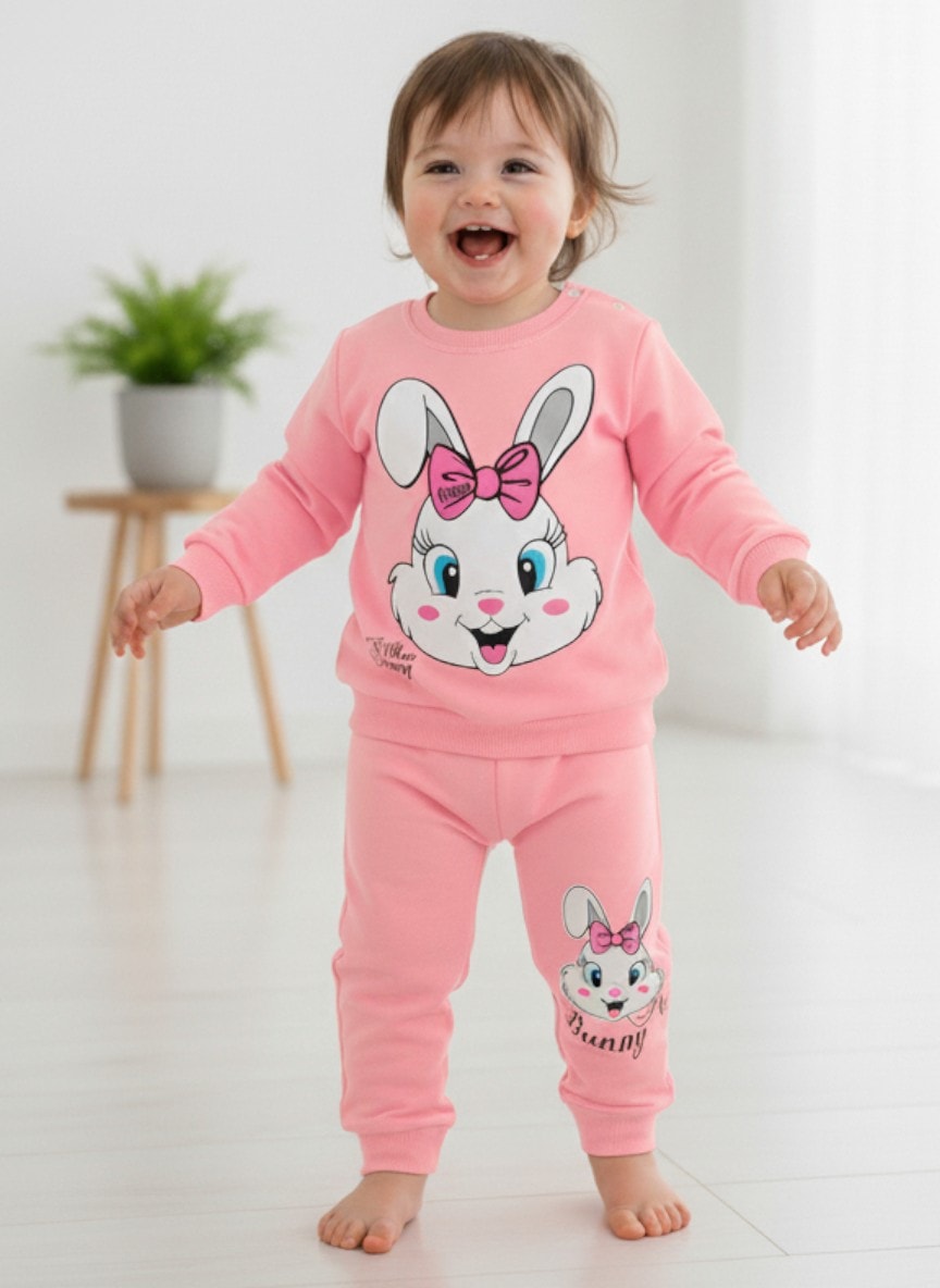 Kız Bebek Mevsimlik Uzun Kollu Sevimli Tavşan Baskılı Sweathirt Alt Üst Takım R352 - PEMBE