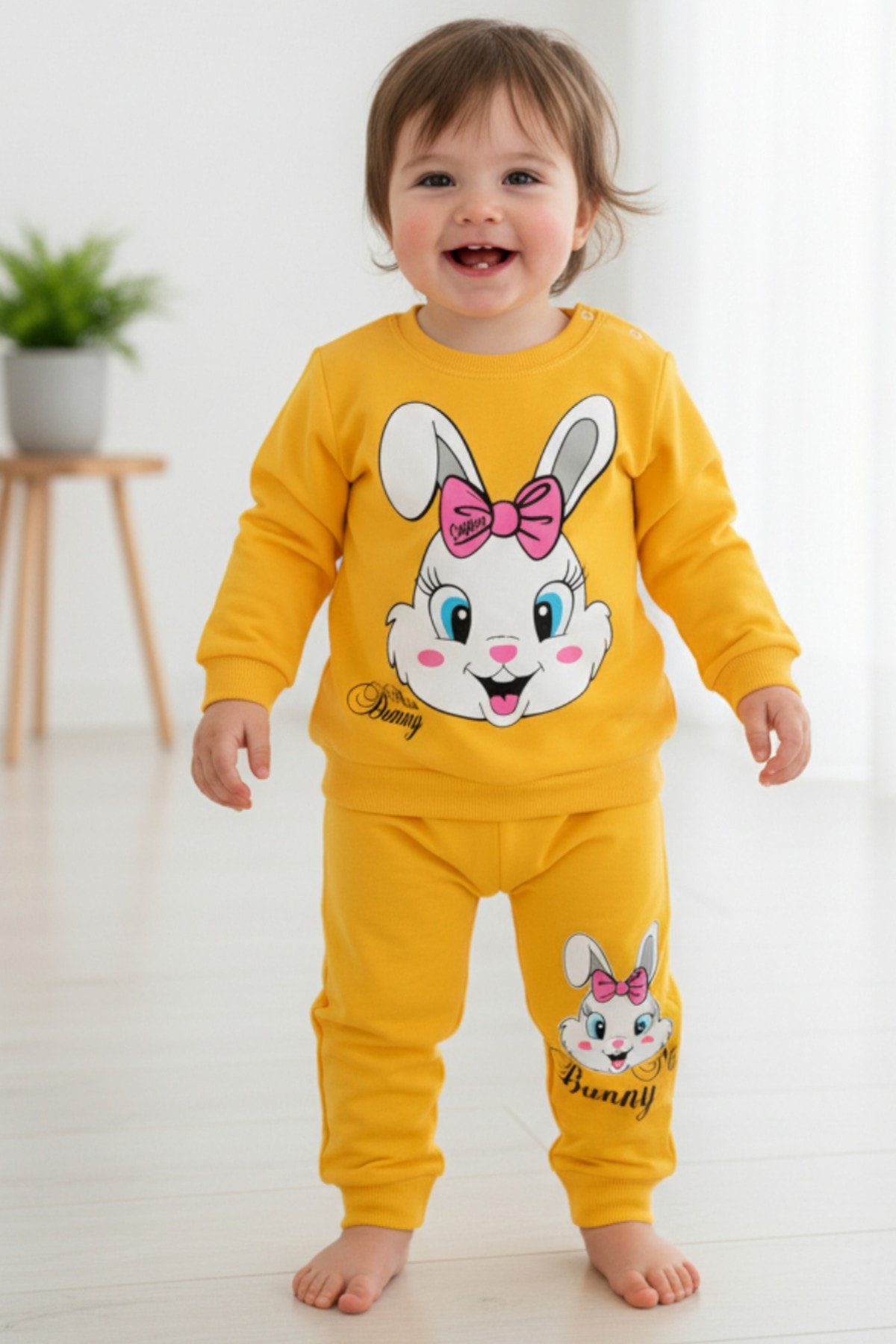 Kız Bebek Mevsimlik Uzun Kollu Sevimli Tavşan Baskılı Sweathirt Alt Üst Takım R352 - SARI