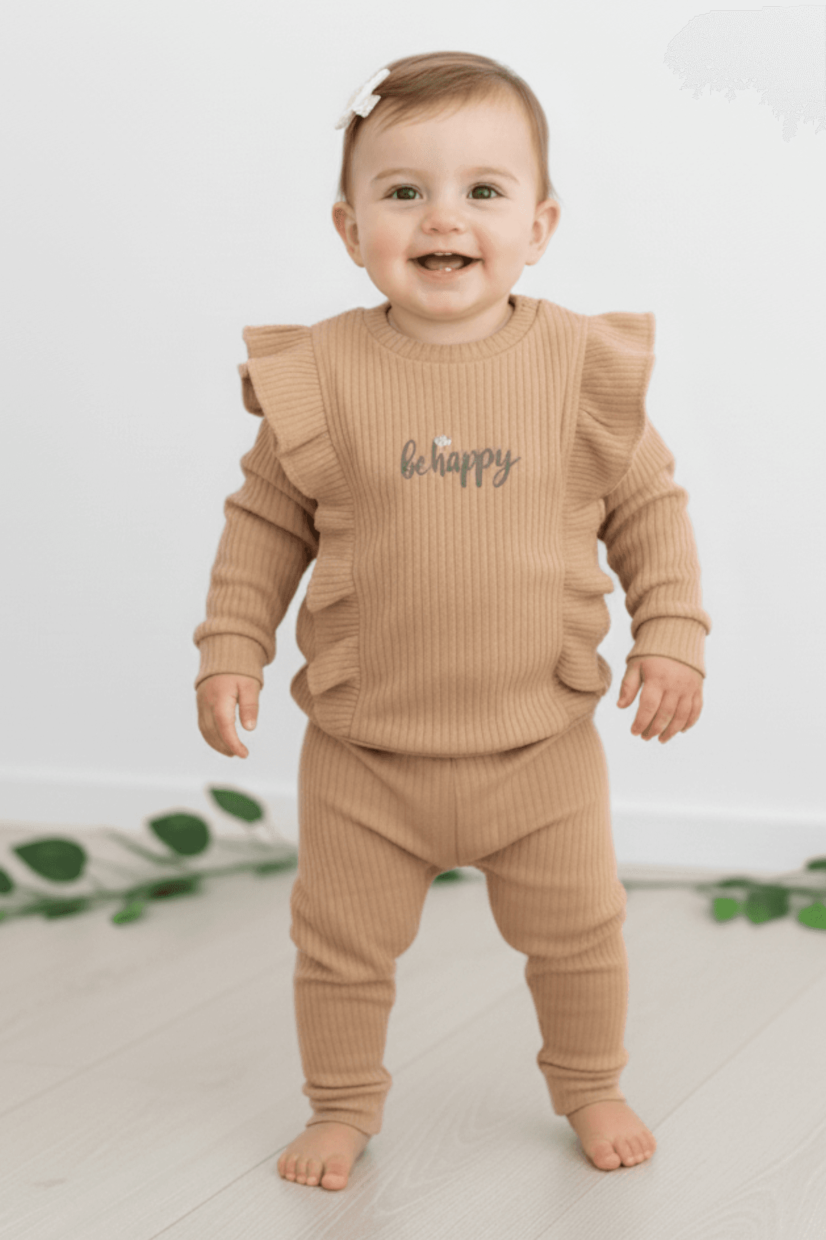 Kız Bebek Happt Baskılı, Fitilli Kumaş, Mevsimlik 6-9-12-18-24 Ay Günlük 2'li Alt Üst Takım R2134 - AÇIK KAHVERENGİ